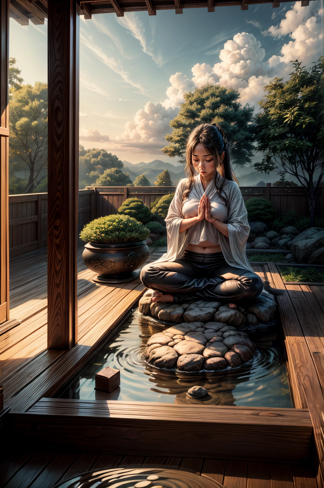 "((Peaceful)) scene, young girl immersed in meditation, Zen garden tranquility, vibrant colors, dramatic clouds adding depth to the serene atmosphere"
