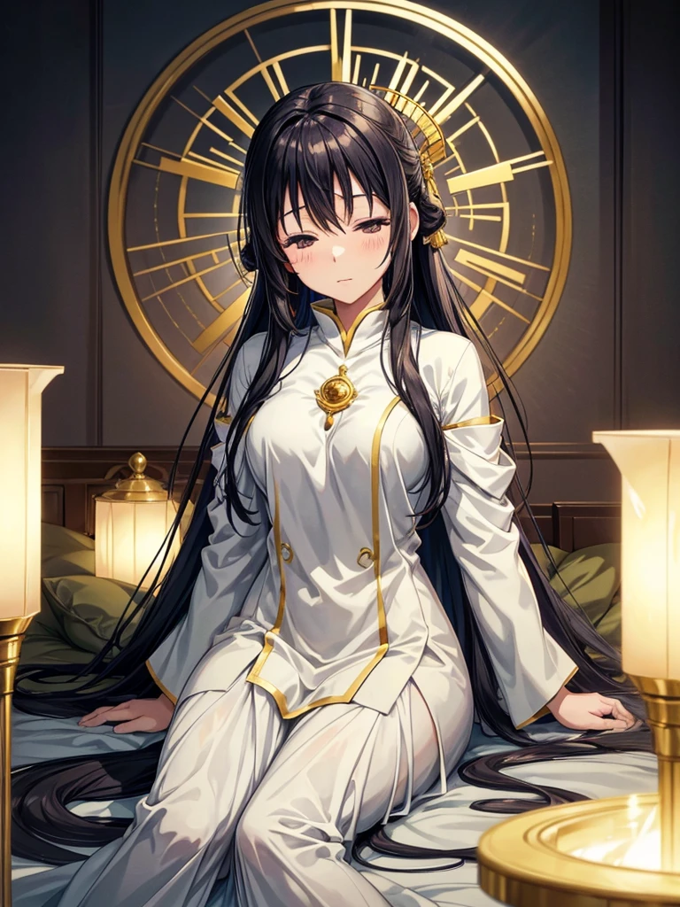 Shizue Izawa reclines on a plush bed, her silky hair fanned out around her like a golden halo. The soft glow of the room accentuates her tranquil expression, as she gazes thoughtfully into the distance, contemplating the many paths that brought her to this moment of serene repose."