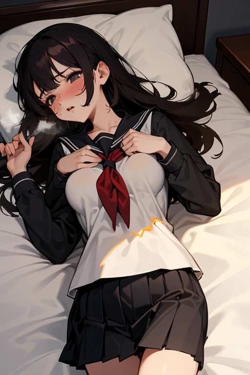 nsfw,1Girl, lying in bed:1.0, (lie on one’s back:1.0), dark hair, long hair, black long-sleeved sailor uniform, black pleated skirt,(Background: on bedroom bed), Big tits: 1.4,Shy Face,upset,embarrassed,parted lips,shortness of breath,Blushing, Face in agony,saliva,wet face,steam,Beautiful girl, Sweaty wet skin: 1.3,From above,Sunset, High quality, High resolution, Detail, masterpiece