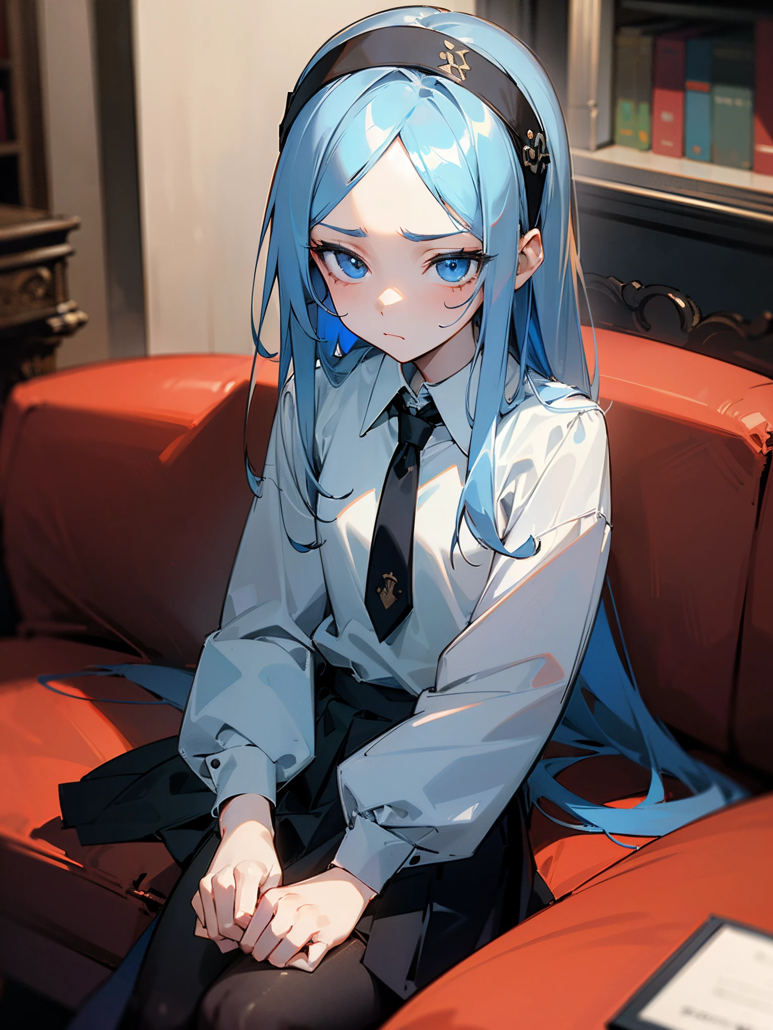 (masterpiece, sidelighting, finely detailed deep blue eyes: 1.2), ((best quality)), ((masterpiece)), (highly detailed:1.3), anime, young girl, small chest, highlighted blue hair, long hair, hair between eyes, (black headband with white patterns), big forehead, white office shirt, black tie, long black skirt, white pantyhose, loafers, extremely pale skin, ((literally white skin)), (indifferent face expression, emotionless), sitting on sofa, surrounded by books, solo, 1girl,