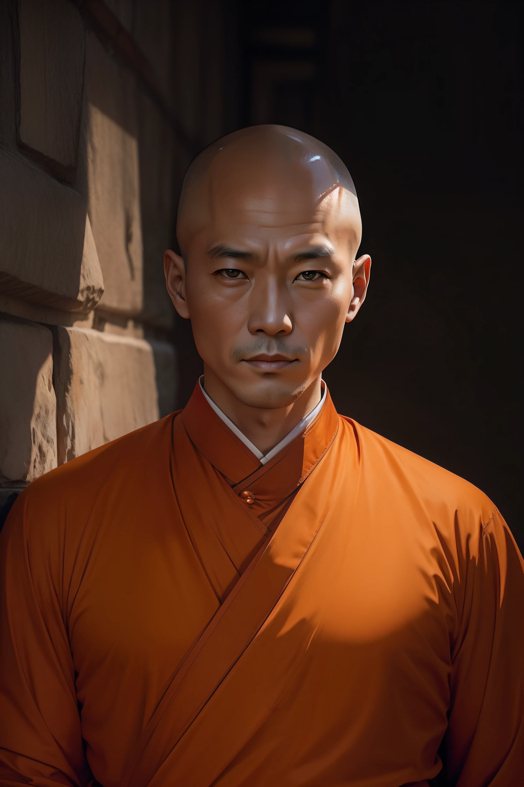 Adult bald Chinese monk masculine dangerous straight looking respected man dressed in orange monk dress whom people love to get advice and with only one source of light on face and rest is dark and looking at the center portrait