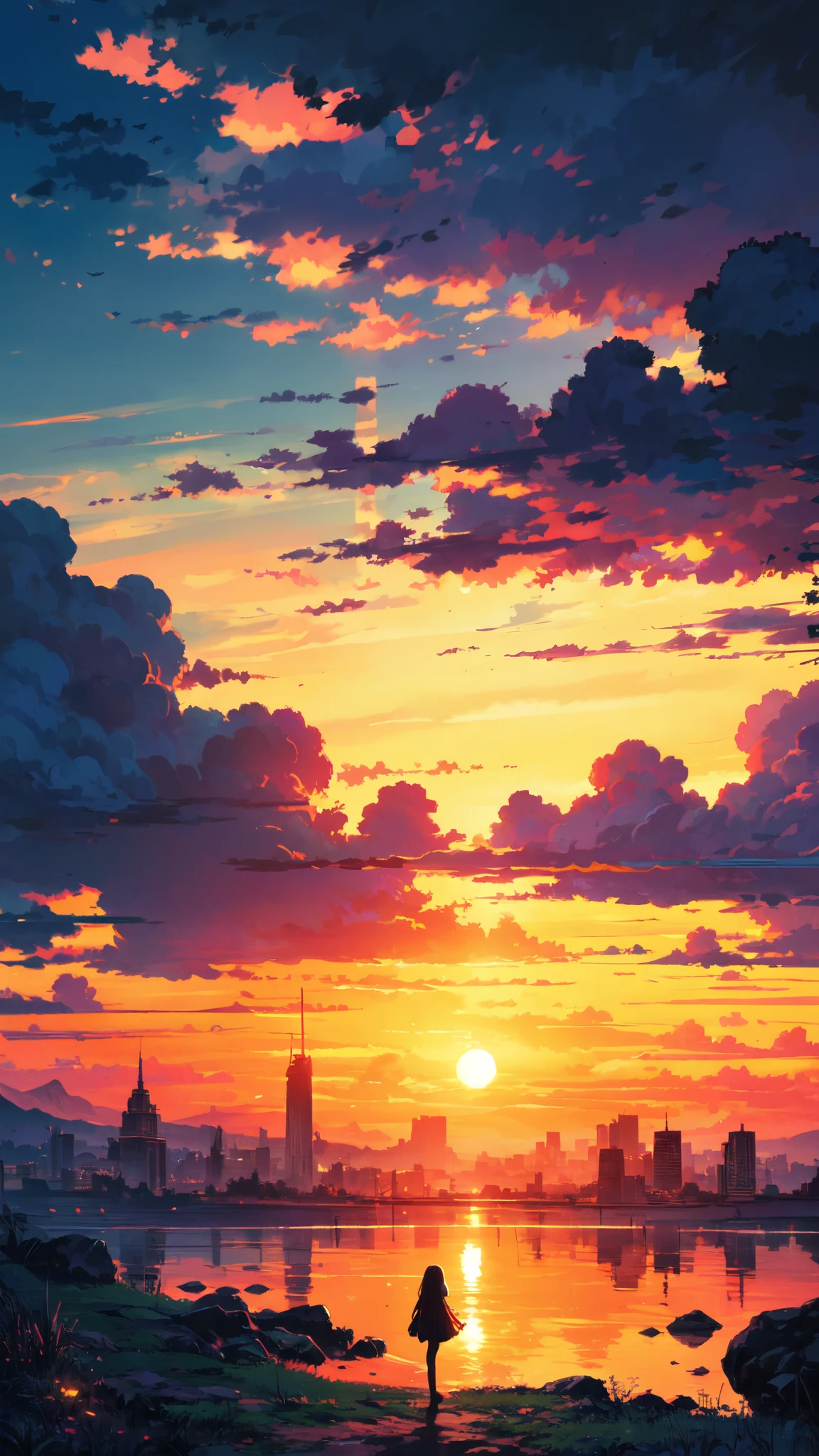 "A captivating sunset moment with a girl enchanted by the magnificent golden sunlight and billowing clouds, evoking a sense of awe and vibrant colors. Masterpiece."