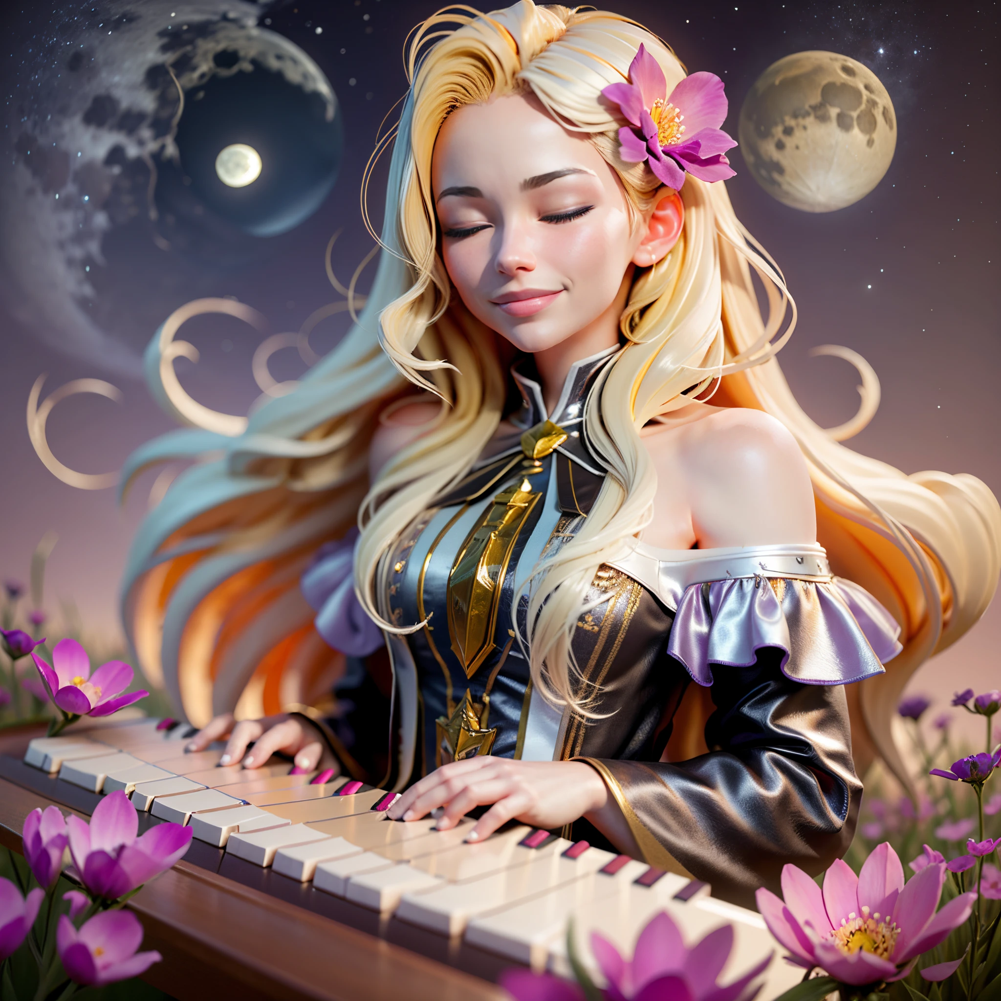 beautiful girl with long blonde hair playing piano in a flower field with moon in the sky, closed eyes and smile. unreal engine, hyper real --auto --s2