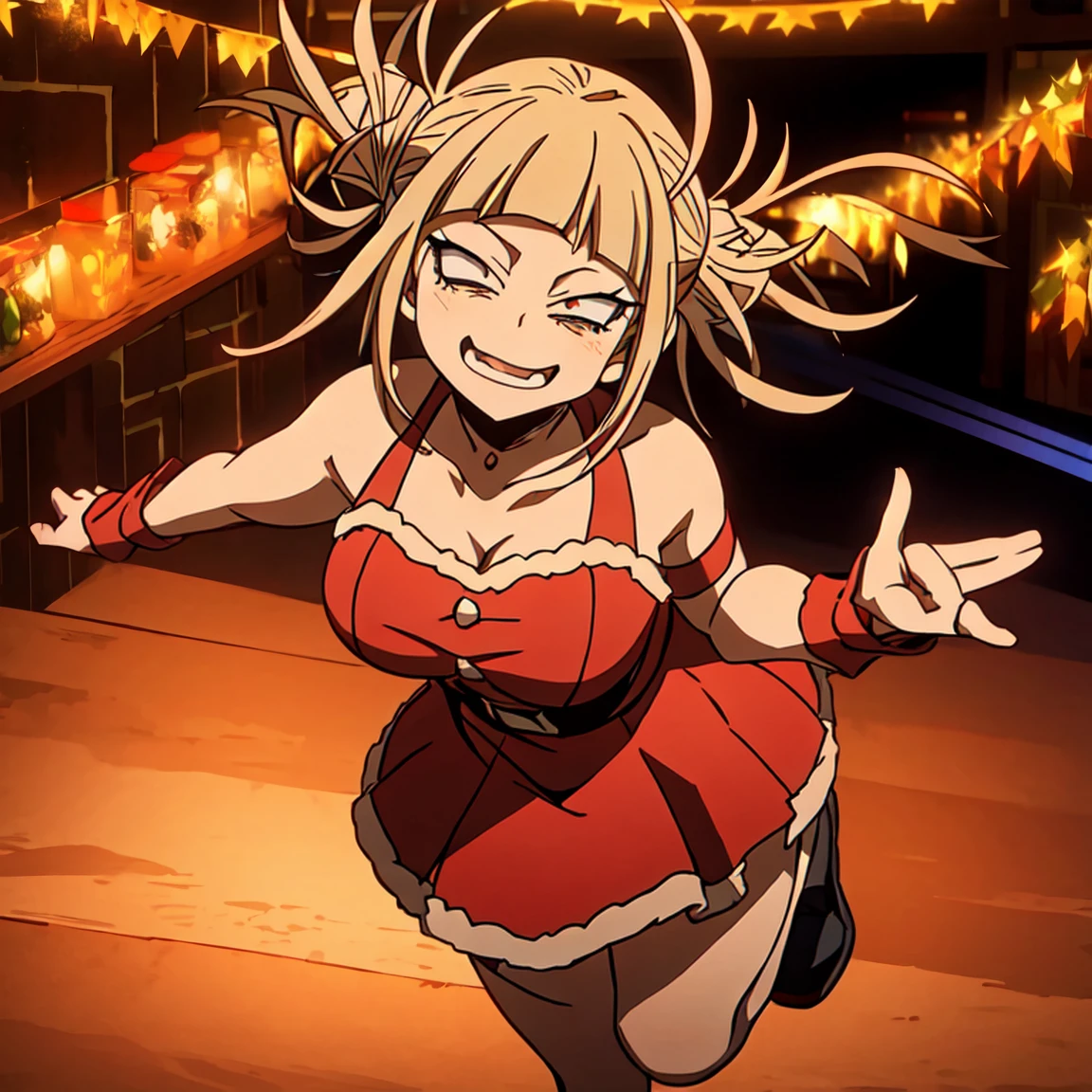 Himiko toga,my hero academia,(christmas style dress),(Short dress), (shoulders showing),(Red dress),(sexy dress),(anime girl),(beautiful girl),(full body),(divine beauty),