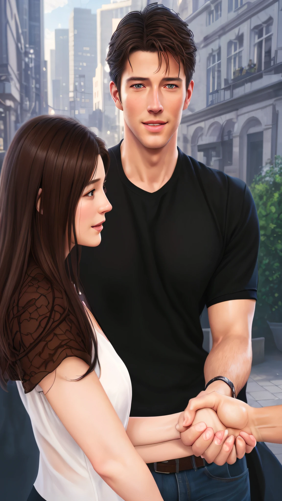 there is a man and woman shaking hands in a city, romance novel cover, handsome stunning realistic, realistic artstyle, romance book cover, realistic scene, realistic digital illustration, semi - realistic, semi-realistic, in style of digital illustration, realistic illustration, matte digital illustration, super realistic, photorealistic artstyle, semi realistic, realistic picture, photorealistic picture