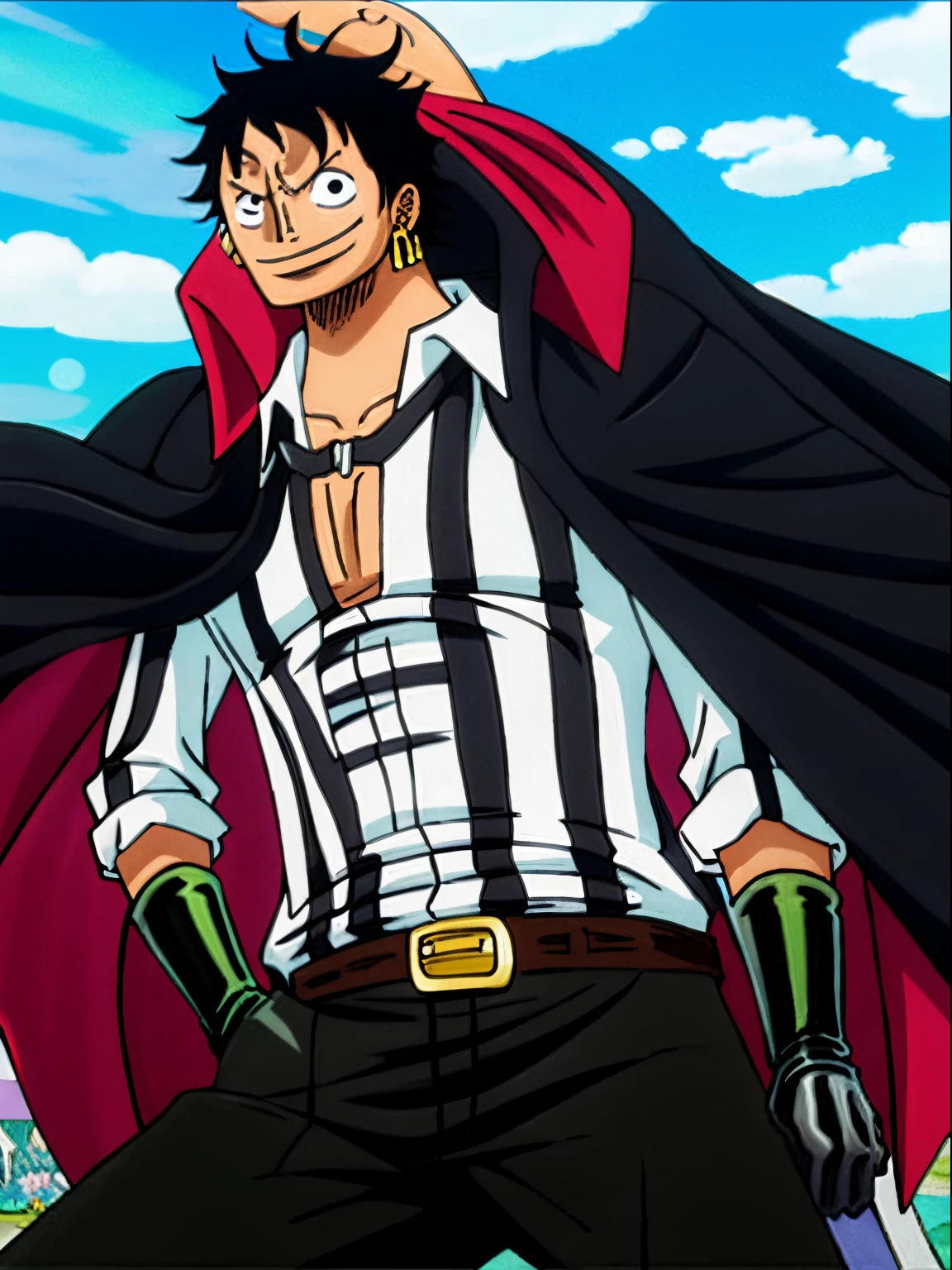 1boy, onepiecestyle, curly hair, black hair, brown eyes, thick eyebrows, dark hair, short hair, undercut haircut, dark brown skin, latin man, martial artist pose, no light skin, no white skin, black suit outfit, black pants, rolled up white shirt, top buttons shirt undone, wearing a black suit jacket over shoulders like a cape, black leather boots, loose necktie, big smile, full body, wearing silver metal gloves, three silver earrings on right ear, black and white aura