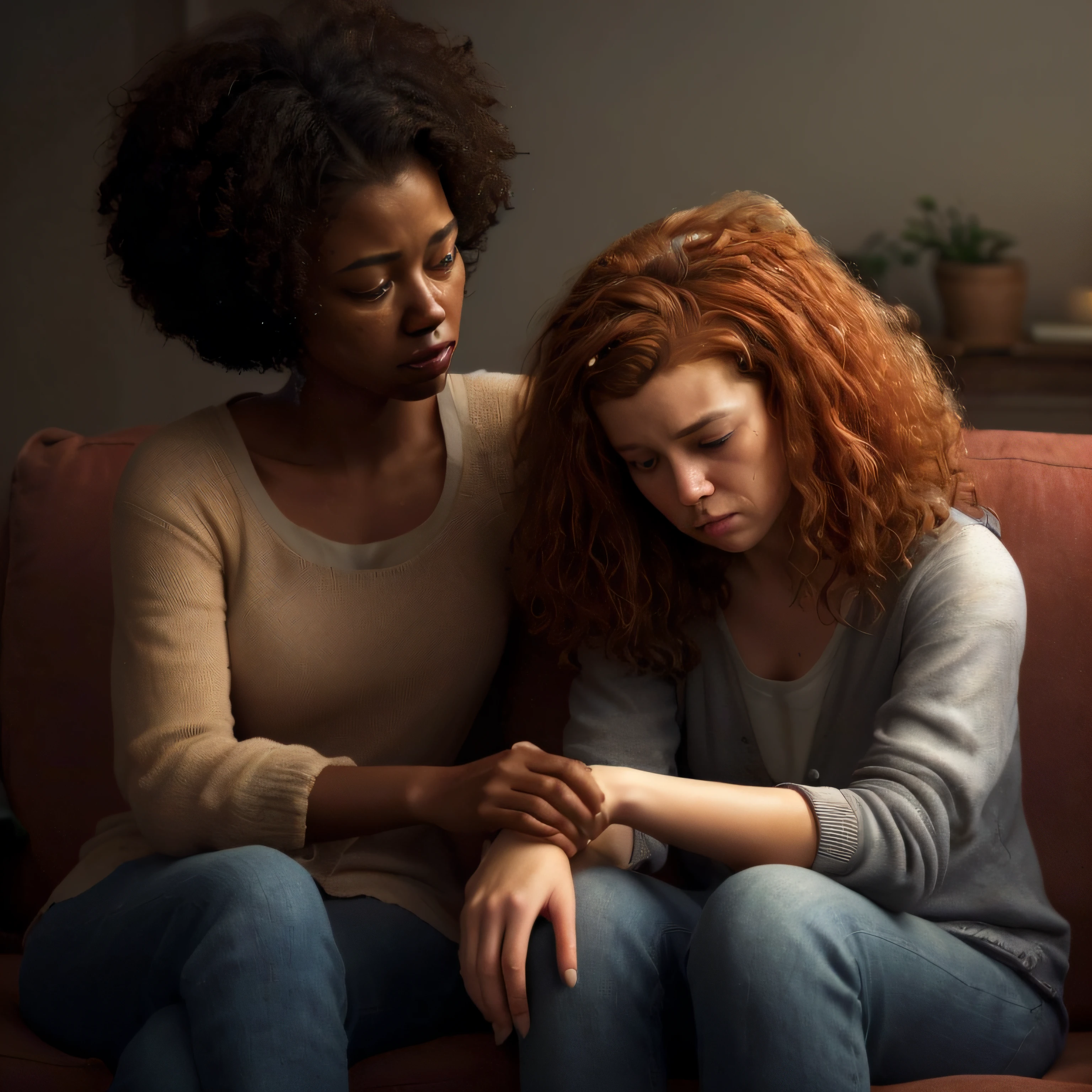 A realistic image of Helen and Allie, sitting on a couch in a slightly dim room. Helen is a black woman in her mid 20s who has black medium length natural hair. Allie is a white girl with medium length red curly hair. Helen is comforting Allie she is holding Allie's hand and looking at her with sympathy. Allie is looking down and has a sad and shocked expression on her face. She is not crying, but her eyes are moist.