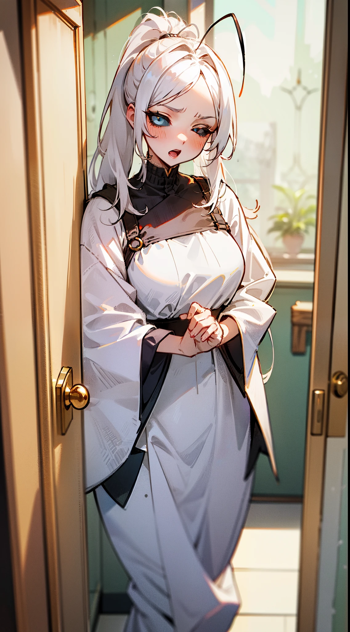 (Original Character,8k, Masterpiece, Best Quality,Detailed, Beautiful Detailed Eyes, solo,masterpiece,hd,4k),mature female, fine skin,blush,black eye,black sclera,white hair,long hair,ponytail hair,(((hair 2antennas large))),white sleep outfit,((standing inside in house in front a door)),angry face,one eye closed,open mouth
