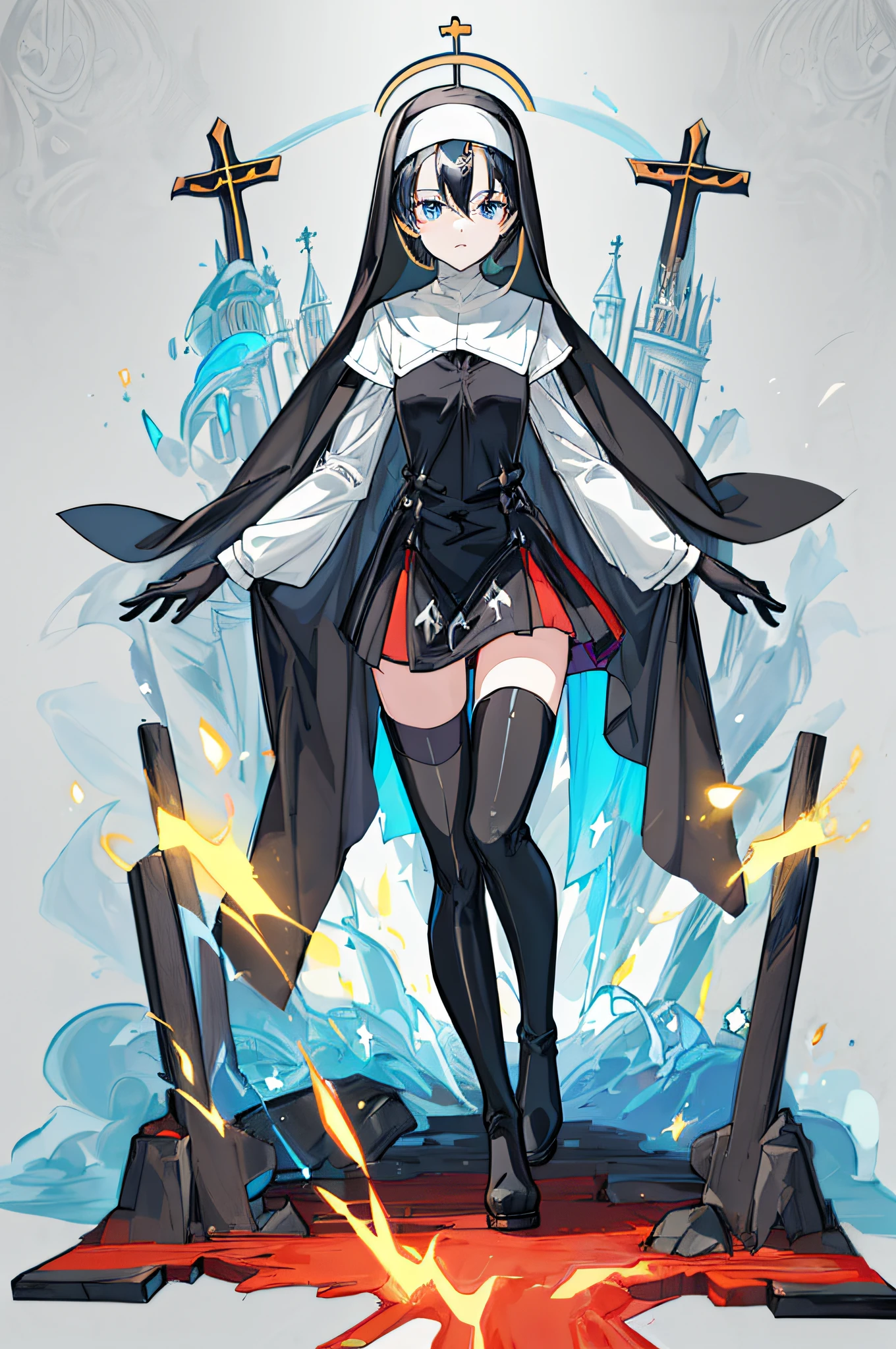 [(White background:1.4)::5],Original,(Illustration:1.1),(Best Quality),(masutepiece:1.1),(the Extremely Detailed CG Unity 8K Wallpapers:1.1), (Colorful:0.9),(mid-shot:0.95),(Full body:1.5),Dynamic Angle,(Solo:1.2), (girl),(((Adult))), (Detailed beautiful eyes:1.15), (Beautiful face:1.15), (Glowing blue eyes:1.25////),(Black hair),(+perfect hand+:1.21),(Draw an illustration of a nun girl),(Religious),(slender),(On her feet are knee-high boots),((Wearing black neeso)),(Furious),beautiful slender adult,fantasy nun costume,holy,