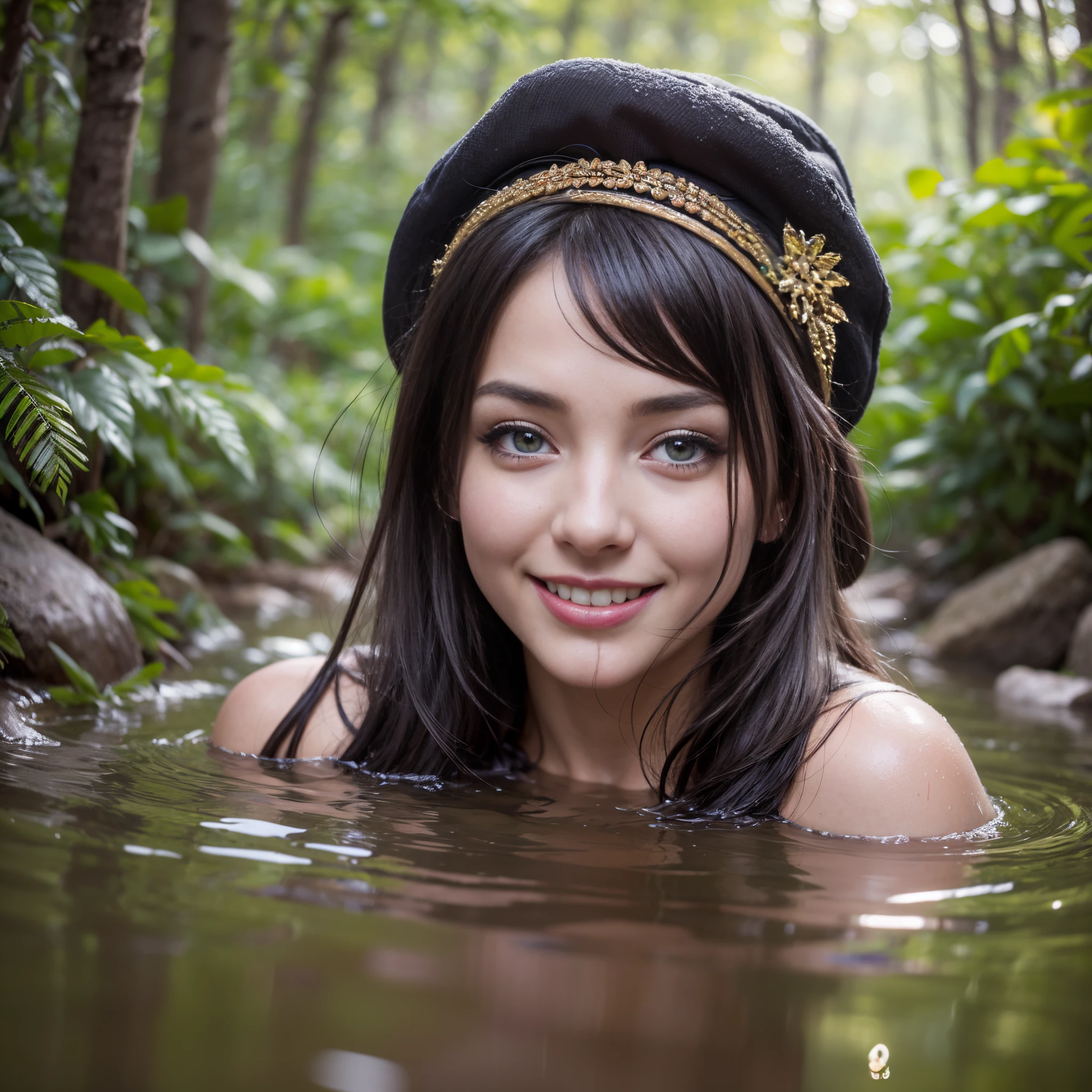 (Best quality, 8k, 32k, Masterpiece, UHD:1.2) water nymph welcomes you to her private hot spring, deep in the tundra, clothed, sfw, russia, closeup, smile