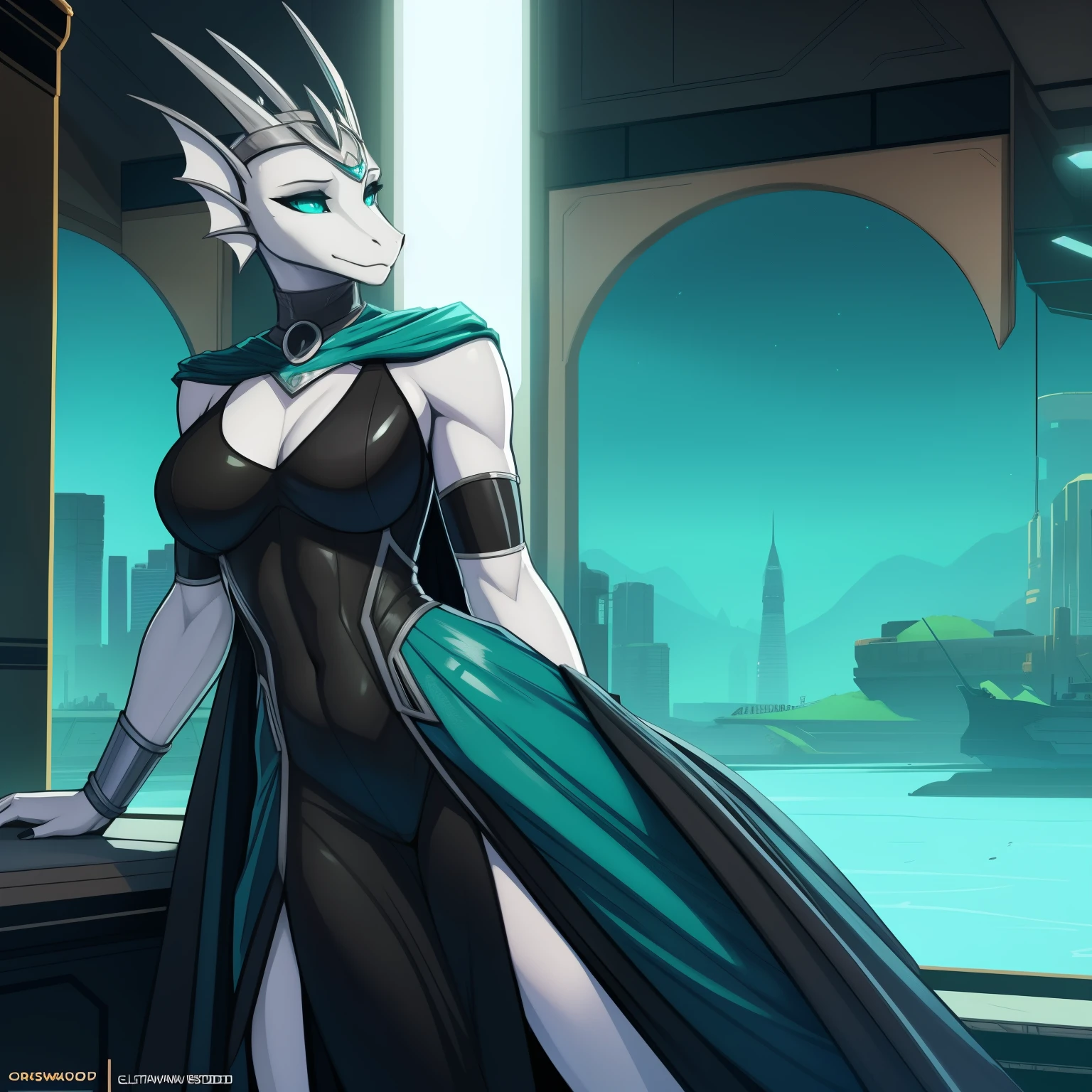 Lanky_muscular_sea_serpent female gray_scaled_body teal_eyes fins solo Masterpiece best_quality absurdres highly_detailed skintight_gown silver_circlet silver_gorget silver_bracers cleanly_drawn_eyes anthro_only by_claweddrip, by_greasymojo, by_underscore-b, by_runawaystride