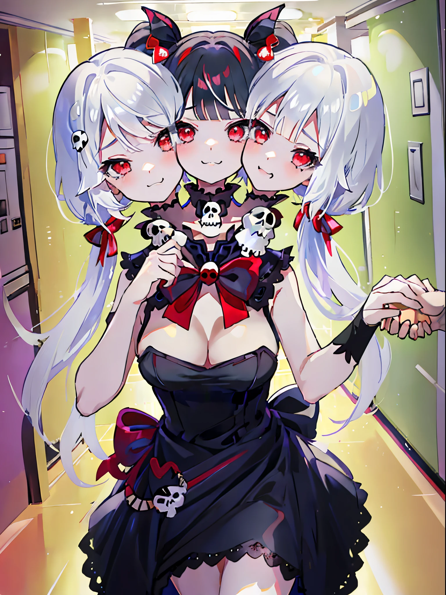 (3heads:1.5), 1girl, white hair, twintails, smug, bratty, red eyes, short, small boobs, (black dress), black shoes with red ribbon, black gloves, skull pin in hair, tie, red bow in hair, different expressions, looking at viewer, holding hands with viewer, mouth open, shark teeth, smug, walking, school hallway, ncrsHoldingHandsPov, pov hands