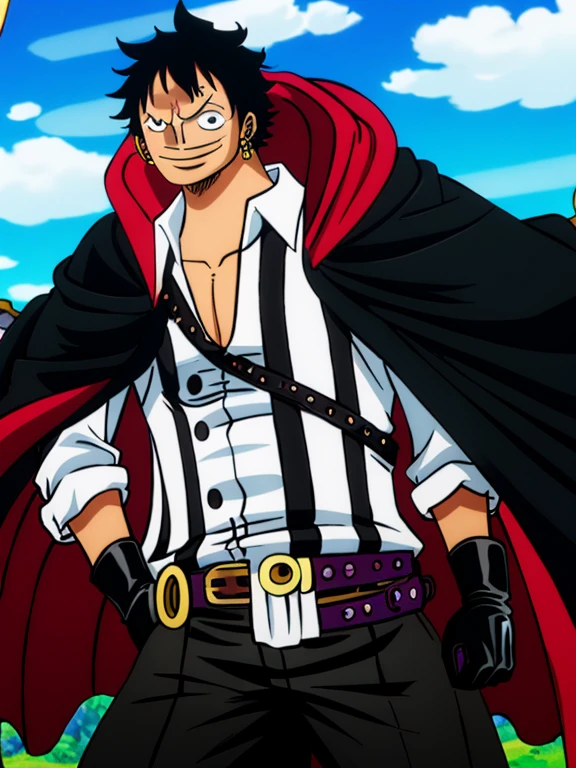 1boy, onepiecestyle, curly hair, black hair, brown eyes, thick eyebrows, dark hair, short hair, undercut haircut, dark brown skin, latin man, martial artist pose, no light skin, no white skin, black suit outfit, black pants, rolled up white shirt, top buttons shirt undone, wearing a black suit jacket over shoulders like a cape, black leather boots, loose necktie, big smile, full body, wearing black gloves, three silver earrings on right ear, black belt with silver buckle