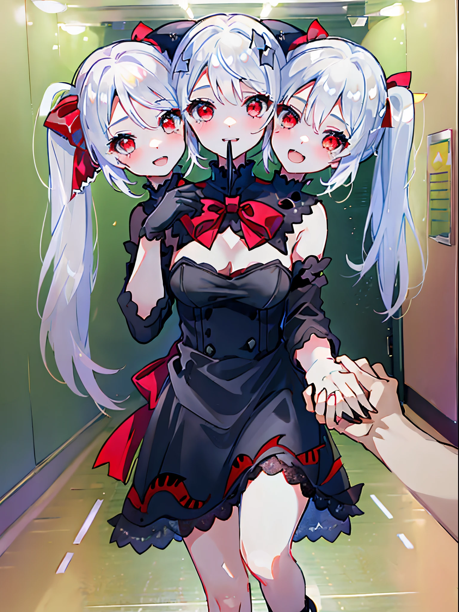 (3heads:1.5), 1girl, white hair, twintails, red eyes, short, small boobs, (black dress), black shoes with red ribbon, black gloves, skull pin in hair, tie, red bow in hair, different expressions, looking at viewer, holding hands with viewer, mouth open, shark teeth, walking, school hallway, ncrsHoldingHandsPov, pov hands, mouth open, shark teeth