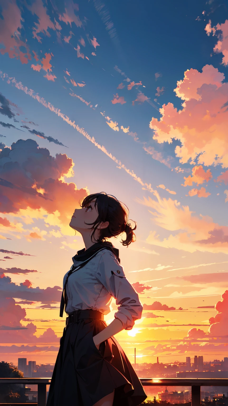 Anime girl standing on a bridge looking at the sunset - SeaArt AI