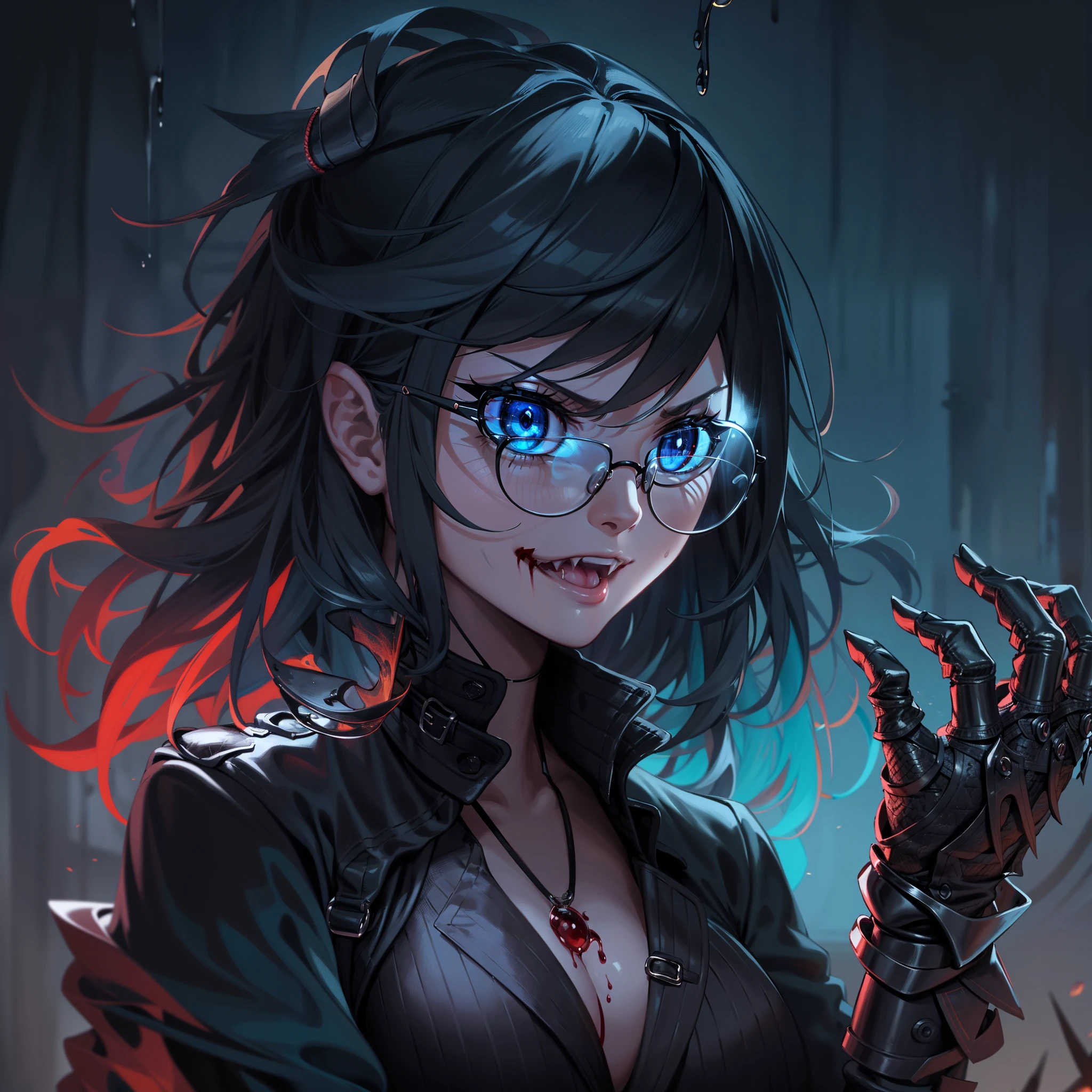 (High resolution, best quality, masterpiece) detail, intricate detail, 1female, ((solo _focused)), single, one woman, physically fit, curvy, pale skin, vampire, fierce expression, dark eyes, (detailed eyes), red_rimmed eyes, sharpened fangs, black hair, short hair, full body, human hands, ((detailed hands)), ((pointed fingers)), medium breast, beautiful, cute, dark aura surrounding her, (topwear:(((shirt:black, trench_coat:black)), handwear:((gauntlets), bottomwear:(pants:blue))))), blood dripping, glasses on the top of her head, dark tinted glasses, grinning, cocky expression, menacing, blood spatter