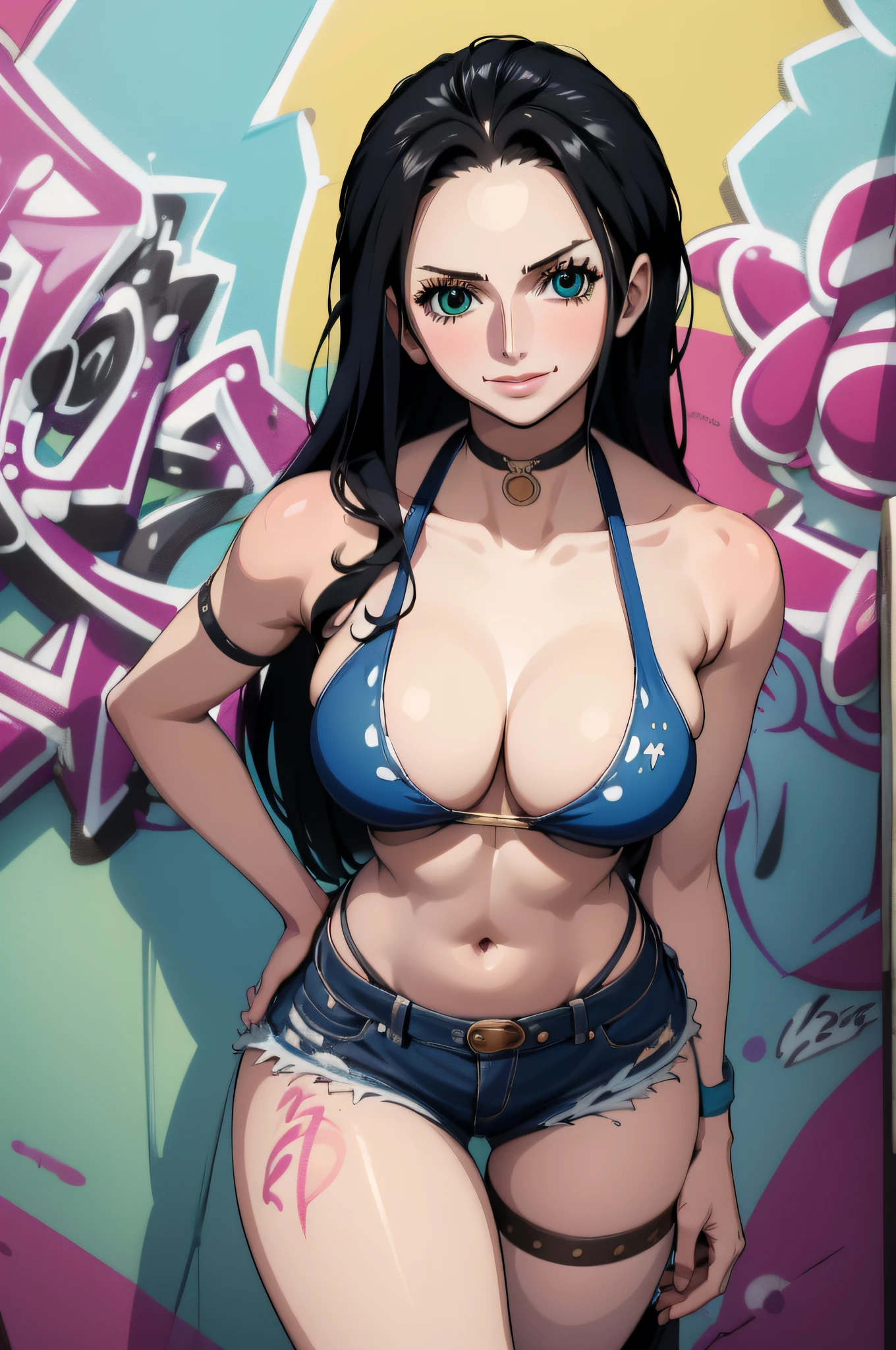 masterpiece, best quality, (extremely detailed CG unity 8k wallpaper, masterpiece, best quality, ultra-detailed, masterpiece, best quality, 1girl, solo, crop top, denim shorts, choker, (graffiti:1.5), paint splatter, arms behind back, against wall, looking at viewer, armband, thigh strap, paint on body, head tilt, bored, multicolored hair, aqua eyes, headset, Nico Robin,