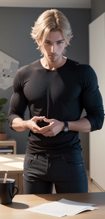 Créez un personnage homme pour une marque de vêtements, assis dans un studio minimaliste, regardant directement vers la caméra, les mains posées élégamment sur la table. Capturez l'essence de l'élégance relaxante et du raffinement contemporain, mettant en valeur l'esthétique épurée de la marque avec un mélange de confiance et de style.