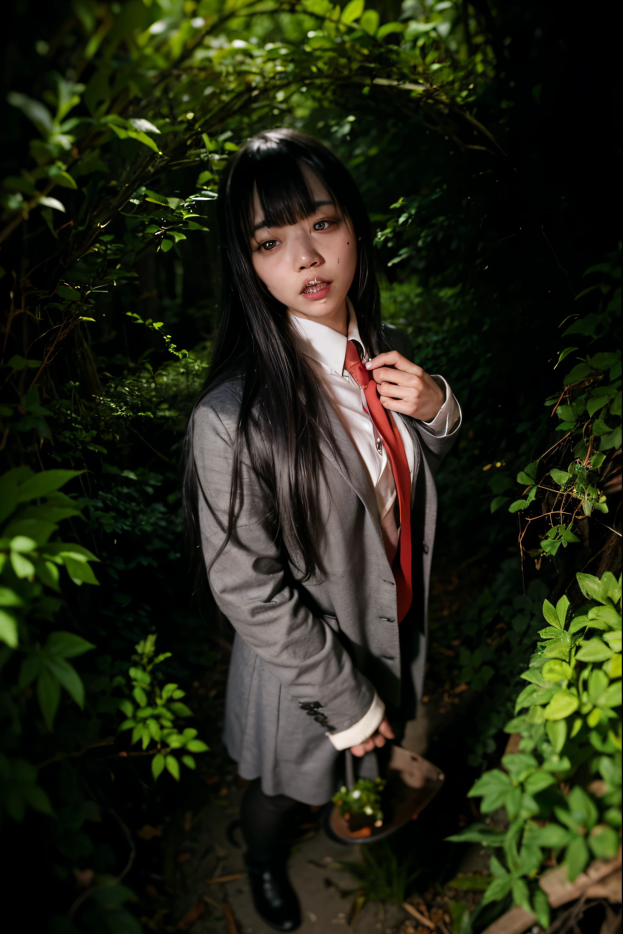 (Best quality, 8k, 32k, Masterpiece, UHD:1.2) "Generate a nightmarish and haunting art piece inspired by Junji Ito's 'Tomie,' featuring the horror character with all of her hair flowing upward in a supernatural and unsettling manner. Depict her with a terrifying, zombie-like face and bloodstains on her school uniform, creating a chilling atmosphere. Utilize dynamic lighting to intensify the horror, casting eerie shadows and highlights that enhance the macabre details of the scene. Emphasize the grotesque and nightmarish elements to capture the terrifying essence of Junji Ito's horror aesthetic." Evil, Monstrous, other-wordily, skeletons