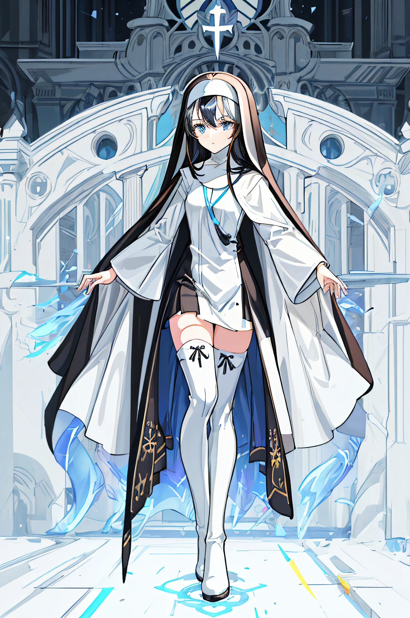 [(White background:1.4)::5],Original,(Illustration:1.1),(Best Quality),(masutepiece:1.1),(the Extremely Detailed CG Unity 8K Wallpapers:1.1), (Colorful:0.9),(mid-shot:0.95),(Full body:1.5),Dynamic Angle,(Solo:1.2), (girl),(((Adult))), (Detailed beautiful eyes:1.15), (Beautiful face:1.15), (Glowing blue eyes:1.25////),(Black hair),(+perfect hand+:1.21),(Draw an illustration of a nun girl),(Religious),(slender),(she has boots on her feet),((wearing white knee socks)),(Furious),beautiful slender adult,fantasy nun costume,holy,