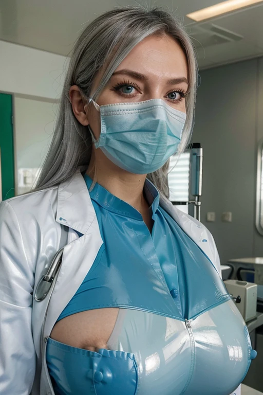 hospital, latex nurse suit,nurse,busty,mask,gloves,labcoat,silverhair woman, blue eyes , gigantic boobs ,medical instruments ,green uniform,scrubs