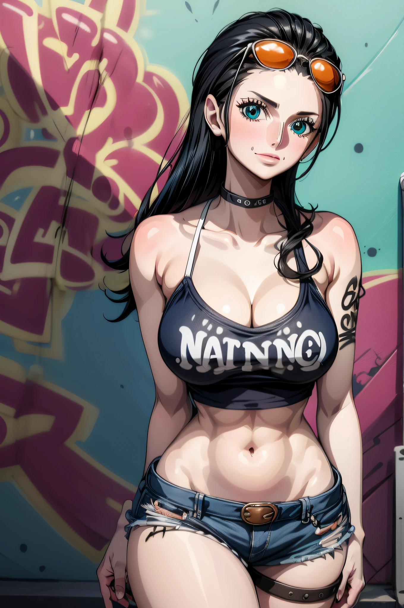 masterpiece, best quality, (extremely detailed CG unity 8k wallpaper, masterpiece, best quality, ultra-detailed, masterpiece, best quality, 1girl, solo, crop top, denim shorts, choker, (graffiti:1.5), paint splatter, arms behind back, against wall, looking at viewer, armband, thigh strap, paint on body, head tilt, bored, multicolored hair, aqua eyes, headset, Nico Robin,