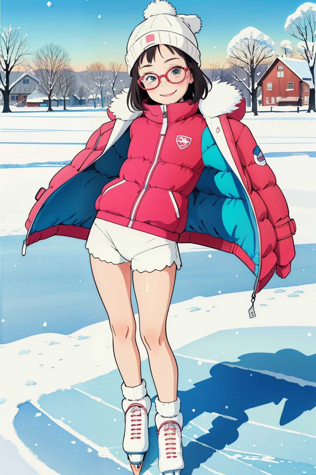 (superflat, flat shading, flat colors), 1girl, , loliild, curvy, down jacket, (white lace panties shorts:1.2), no skirt, bottom, from behind, glasses, winter hat, ice skating, smile, blush, winter, snow, bright, low angle, vibrant colors, watercolor, ghibli style