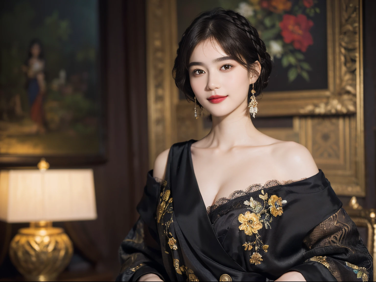 117
(a 20 yo woman,is standing), (A hyper-realistic), (high-level image quality), ((beautiful hairstyle 46)), ((short-hair)), (Gentle smile), (breasted:1.1), (lipsticks), (florals), (Light and Darkness), (rembrandt painting), (Luxurious room)