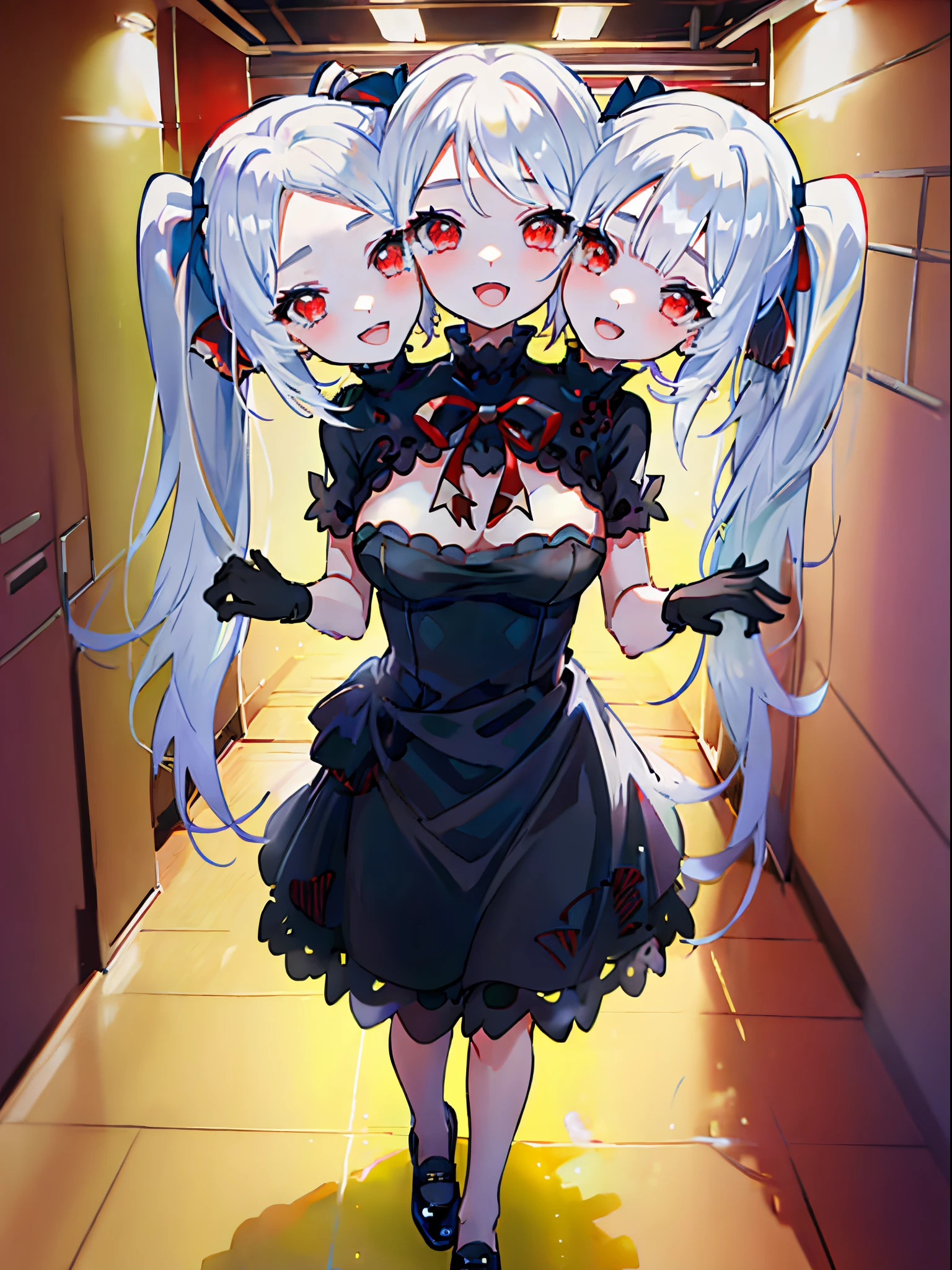 (3heads:1.5), 1girl, white hair, twintails, red eyes, short, small boobs, (black dress), black shoes with red ribbon, black gloves, skull pin in hair, tie, red bow in hair, different expressions, looking at viewer, holding hands with viewer, mouth open, shark teeth, walking, school hallway, ncrsHoldingHandsPov, pov hands, mouth open, shark teeth