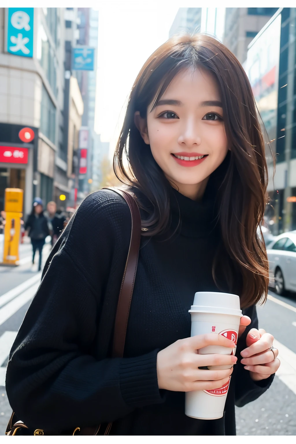 (8K、RAW Photos、top-quality、masterpiece:1.2)、(realisitic、Photorealsitic:1.37)、女の子1人、japanes、32years old、femele、tokyo streets、natta、profetional lighting、Photon mapping、Radio City、torn、Colossal tits、gals、Lots of lashes、Lame on the eyelids、Pitch black lip、Knitted sweaters、A big smile