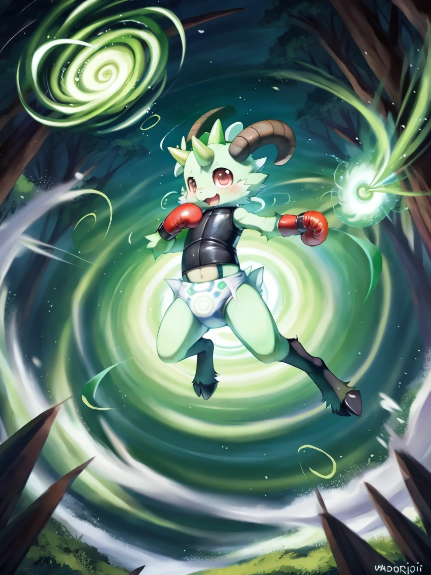 ((by wadorigi on Twitter)(Lamb)), pokemon, ??? proportions, cute, adorable  , thin thighs, hooves,  upper limb hooves, light green fur, horns made of emerald , powerful green spiral wind current on surroundings, ( green swirling whirlwind effect), surrounded by green swirling whirlwinds of magic, multiple green swirling whirlwinds on background, wearing soggy messy padded  diaper, (leather  boxing gloves), leather wrist cuffs, running like ninja, green swirling whirlwind spheres on fists, in forest