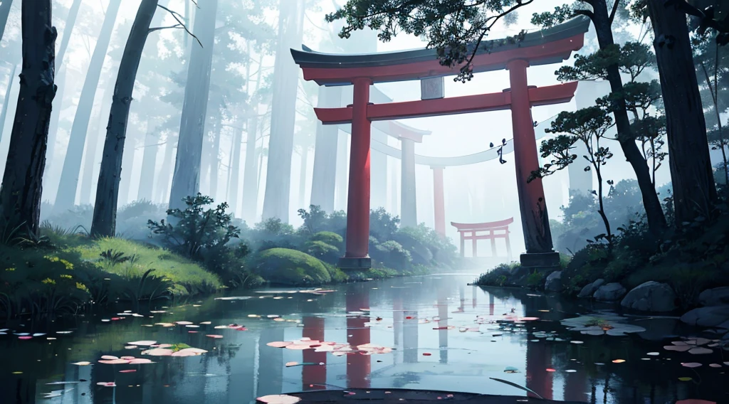 mystical forest, fog, beautiful pond, a torii gate, a white snake