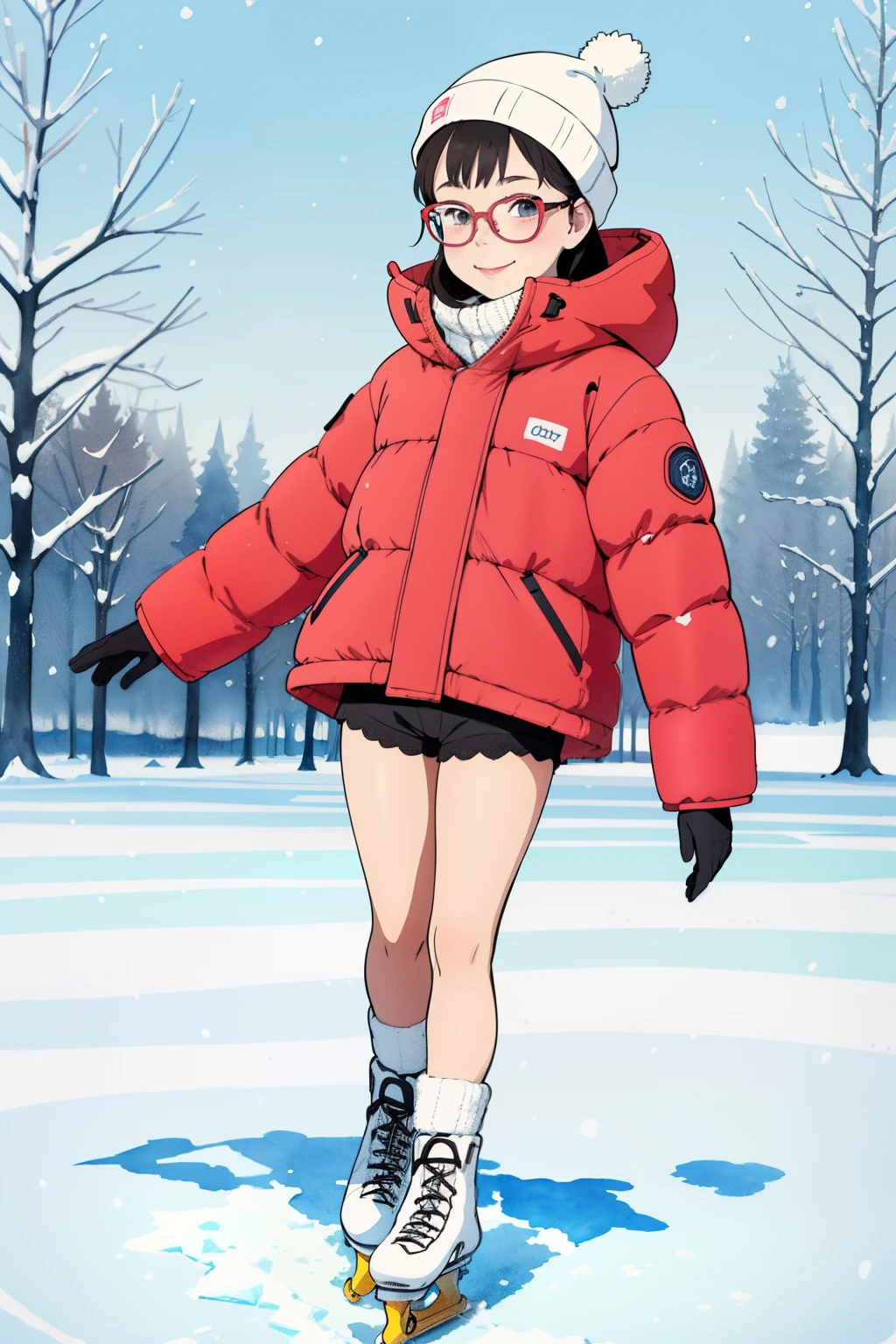 (superflat, flat shading, flat colors),  1girl, , loliick, curvy, down jacket, (white lace modesty shorts), no skirt, glasses, winter hat, (ice skates), smile, awkward, blush, winter, snow, bright, vibrant colors, watercolor, ghibli style