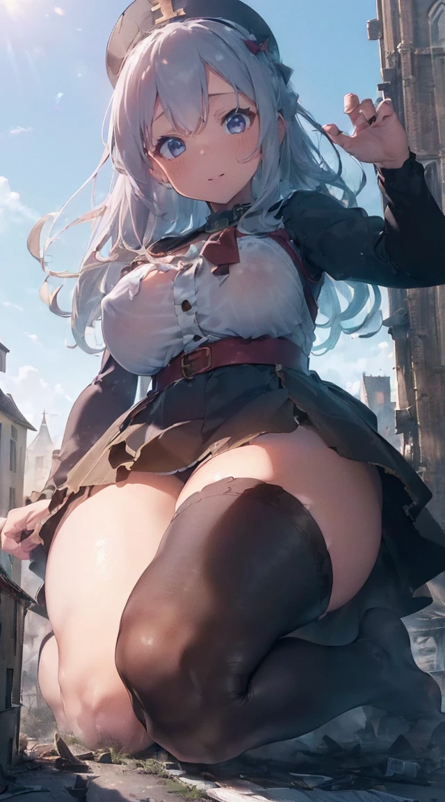 ((((((Reaching Out 1.3)))))),(((((A city in ruins at your feet))))),((((Kneeling)))),Fantastic,long legged,(((A Princess))),(((((Full body depiction))))),((((Randomly sexy poses)))),((((Beautiful soles))))、((((Five fingers on a beautiful sole)))),Big Chest Ribbon,((Teary-eyed)),((((((Colossal tits)))))),((embarrassed from)),Blushing,(((((((Big girl sitting on the roof of the church beyond the tower))))))),((((lowfers)))),the Extremely Detailed CG Unity 8K Wallpapers,top-quality,ultra-detailliert,masterpiece,realisitic,Photo Real,Bright lighting,extremely detailed cute girl,18year old,Innocent big eyes,A detailed eye,(Silvery hair),(shorth hair),(bangss),flawless skin,shinny skin,fair white skin,Fine skin,((((large full breasts)))),((((((plump thighs)))))),((perfect anatomia,nice hand,perfect hand,Five fingers connected to the palm of the hand,accurate hands without incongruity)),Show off panties、pantyshot、(((Super Huge Girl Cute Princess Dress Costume、white colors)))、(((knee high socks))),front facing,(fumo),(fires),(((Rubble Town)))、Ground cracking,