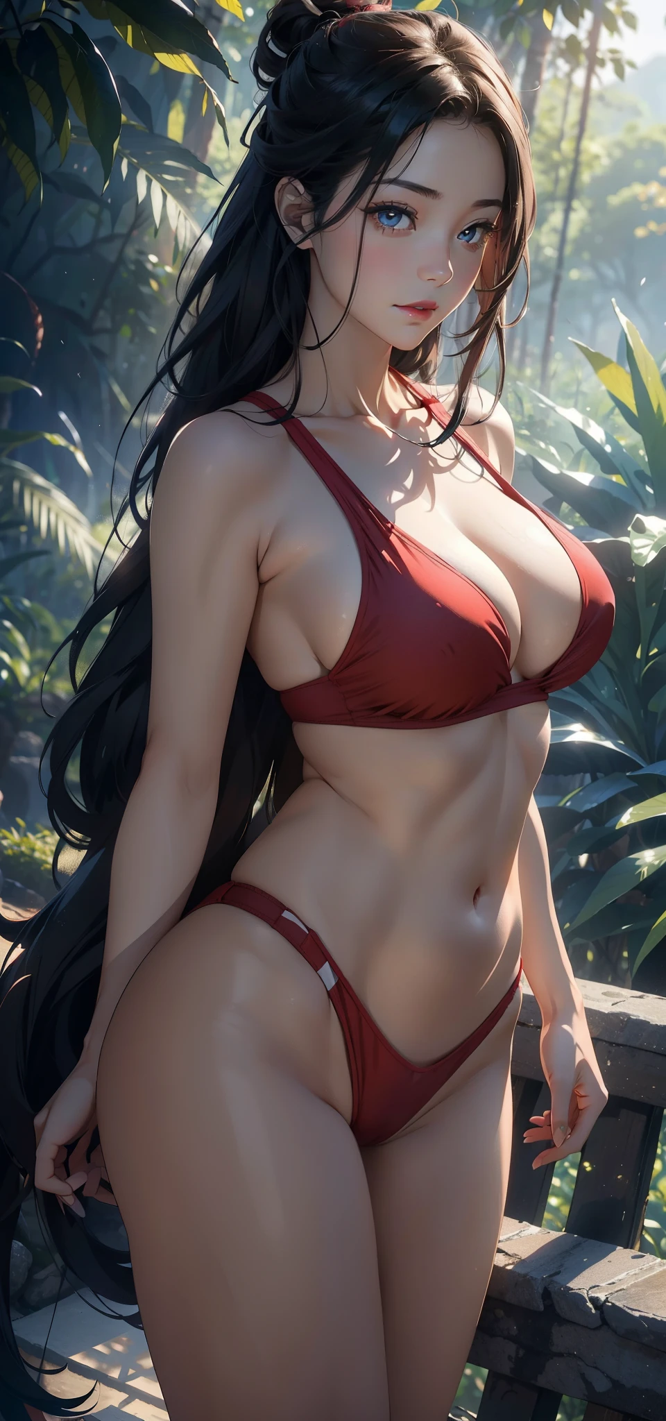 1female,45 yers old,Married woman,熟妇,Large breasts,long leges,big chest and thin waist, photo exposure, 独奏,(Background with:at a forest,the rainforest,in summer) She has long black hair,Redlip,The stands up,seen from the front, curlies, The sky is mostly cloudy,(((tmasterpiece),(Very detailed CG unified 8k wallpaper),Best quality,电影灯光,detailed back ground,beautidful eyes,Bright pupils,(very delicate beautiful),(Beautiful and detailed eyes description),ultra - detailed,tmasterpiece,)),facing at the camera,A high resolution,ultra - detailed),Expose breasts exposed,Bare genitals, convex,Camel toes,Raised sexy,athlete(dressed in:,Red football uniform)