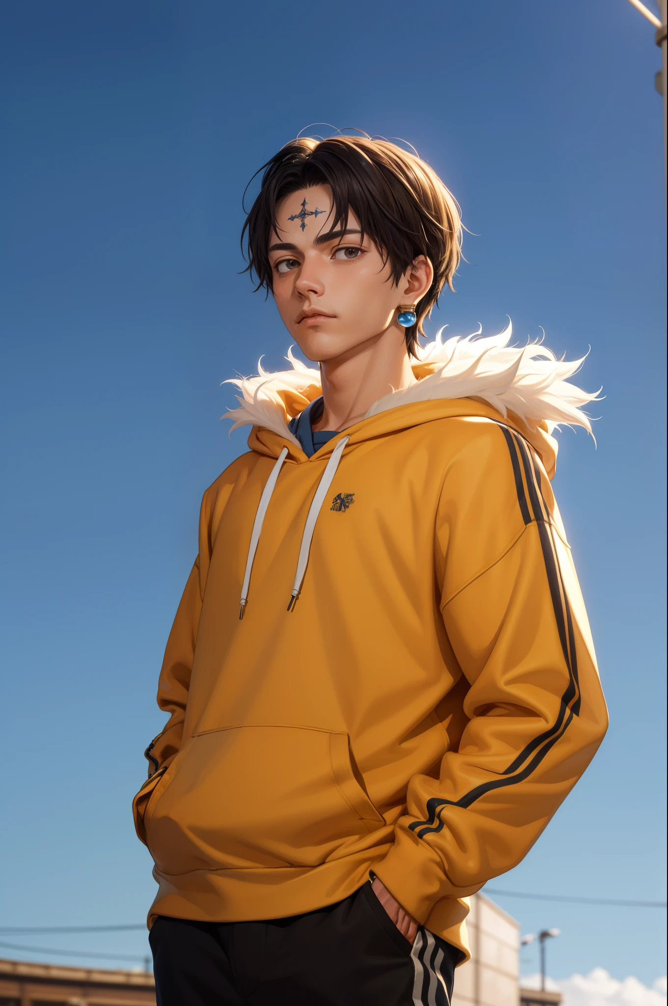 (masterpiece, best quality:1.2), cowboy shot, solo, male focus, 1boy, upper body, chrollo lucilfer, expressionless, closed mouth, hands in pockets, fur trim, wearing Streetwear Hoodie, dinamic lighting, jewelry