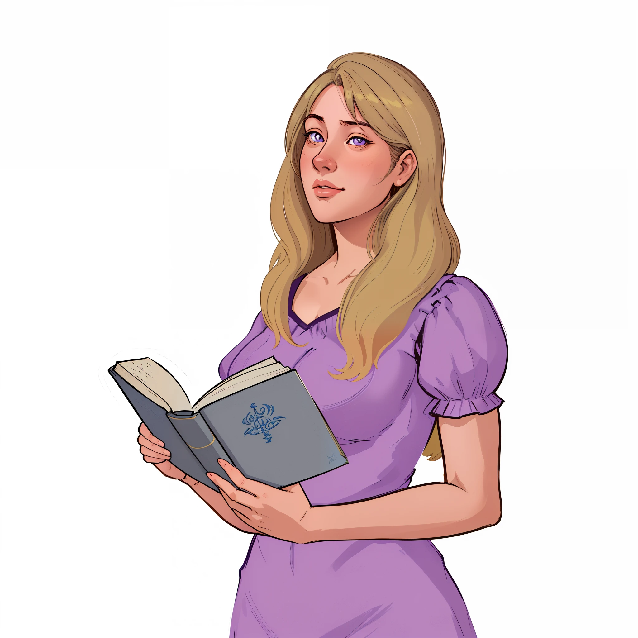 desenho de uma mulher lendo um livro enquanto usava um vestido roxo, retrato do livro, retrato do livro do RPG, professional illustration, Segurando um livro, No estilo de arte de Bowater, wikihow illustration, Ler um livro, illustration for book, Lendo novo livro, story book illustration, storybook illustration, a storybook illustration, textbook illustration in clolour, storybook illustation