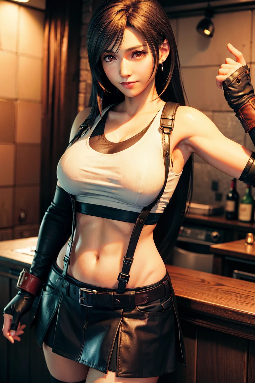 8k,masterpiece, bset quality,huge tit、(1girl in、tifa lockhart、red_eyes、black hair、long hair、Flapping hair, Adult beauty、shinny skin:1.2、Shiny big)、 ((top-quality))、 Crisp focus:1.2、Highly detailed facial and skin texture、A detailed eye、face perfect、perfect bodies、art by、CG、Blur the background、Big breasts with a strong presence、(20yo,Mature cool and beautiful face、elongated eyes)、wear ((Suspender Black Skirt)),(( Black Elbow Gloves,White taut shirt、Thigh、white tank tops、Ankle Boots、Red boots、a navel、red blush))、jukebox、Old bar、upper body、a smile,Professional-looking light source、Fluttering hair、Random angles、 Low waist,thick thight、face lights, Cinematographic lighting、Midgar、Making alcohol at the counter、looking at viewert
