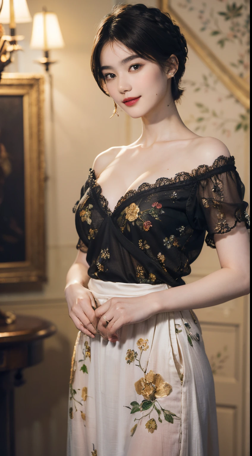 117
(a 20 yo woman,is standing), (A hyper-realistic), (high-level image quality), ((beautiful hairstyle 46)), ((short-hair)), (Gentle smile), (breasted:1.1), (lipsticks), (florals), (Light and Darkness), (rembrandt painting), (Luxurious room)