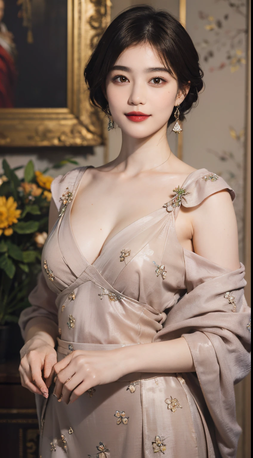 117
(a 20 yo woman,is standing), (A hyper-realistic), (high-level image quality), ((beautiful hairstyle 46)), ((short-hair)), (Gentle smile), (breasted:1.1), (lipsticks), (florals), (Light and Darkness), (rembrandt painting), (Luxurious room)