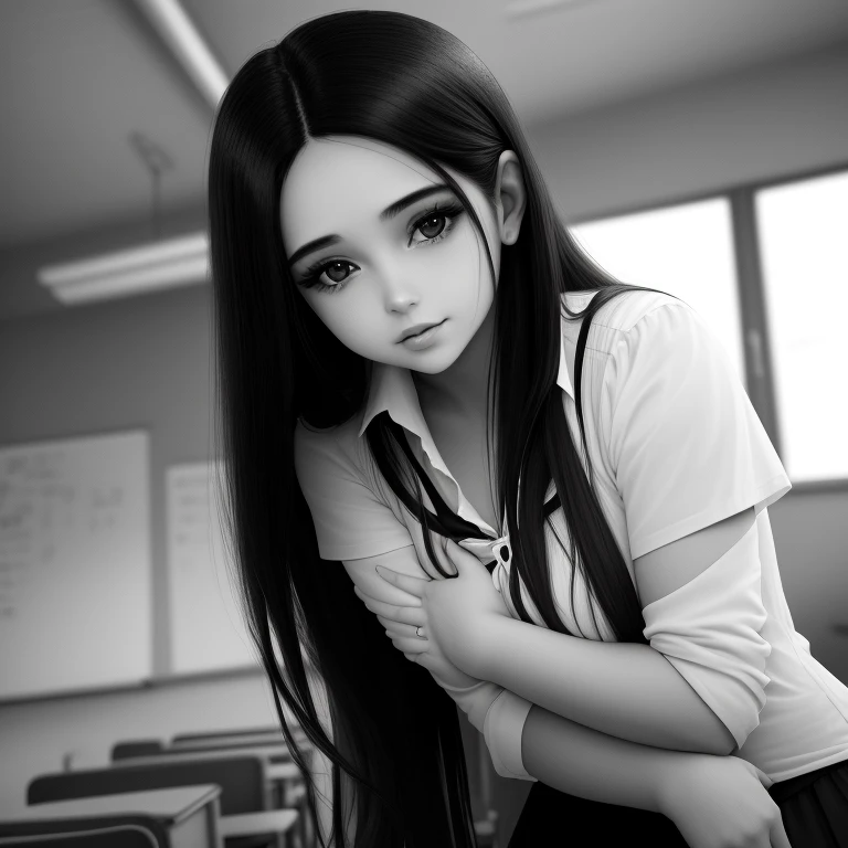 Mulher sentada olhando para baixo com aparencia triste,black and white color, classroom background,long black hair