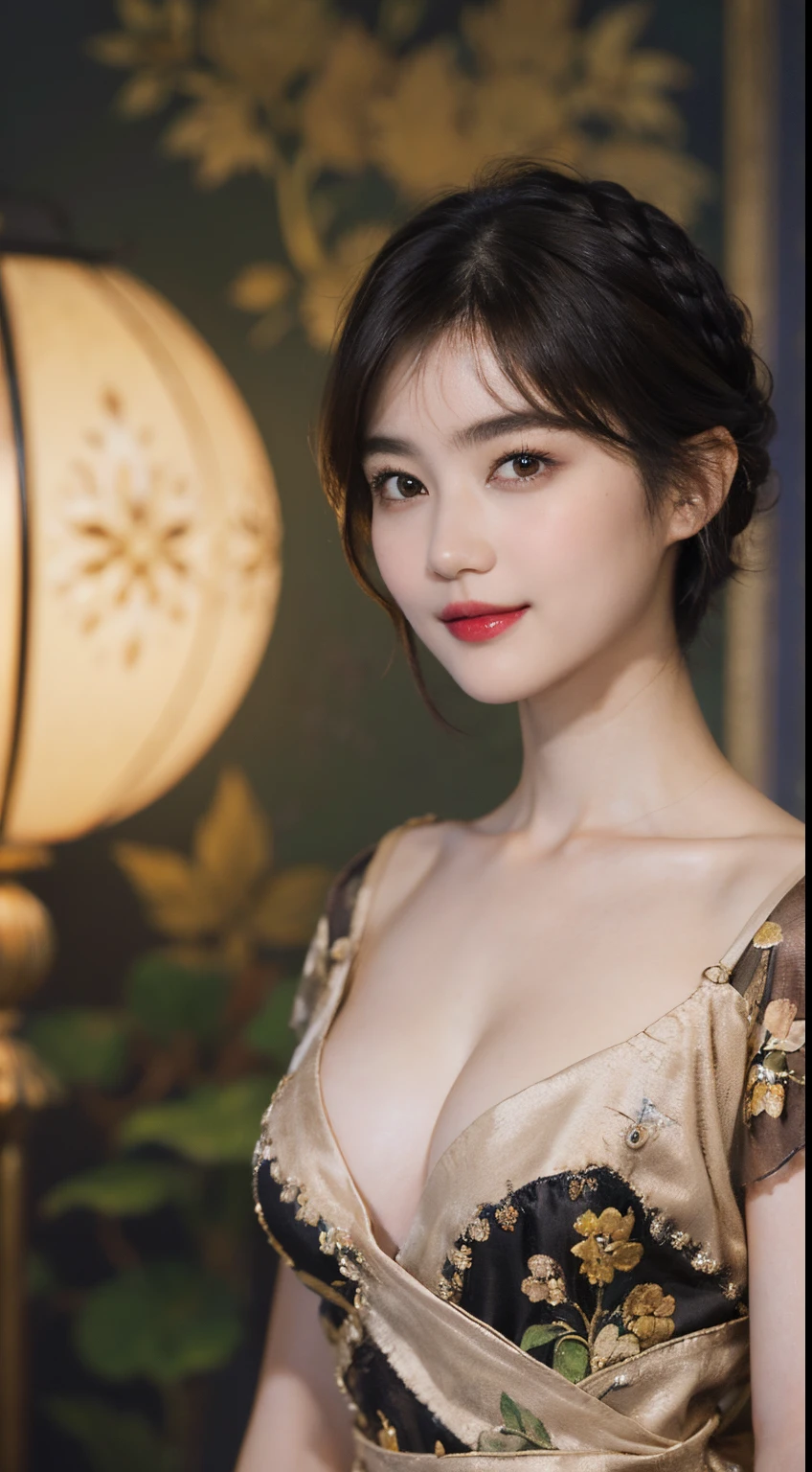 117
(a 20 yo woman,is standing), (A hyper-realistic), (high-level image quality), ((beautiful hairstyle 46)), ((short-hair)), (Gentle smile), (breasted:1.1), (lipsticks), (florals), (Light and Darkness), (rembrandt painting), (Luxurious room)