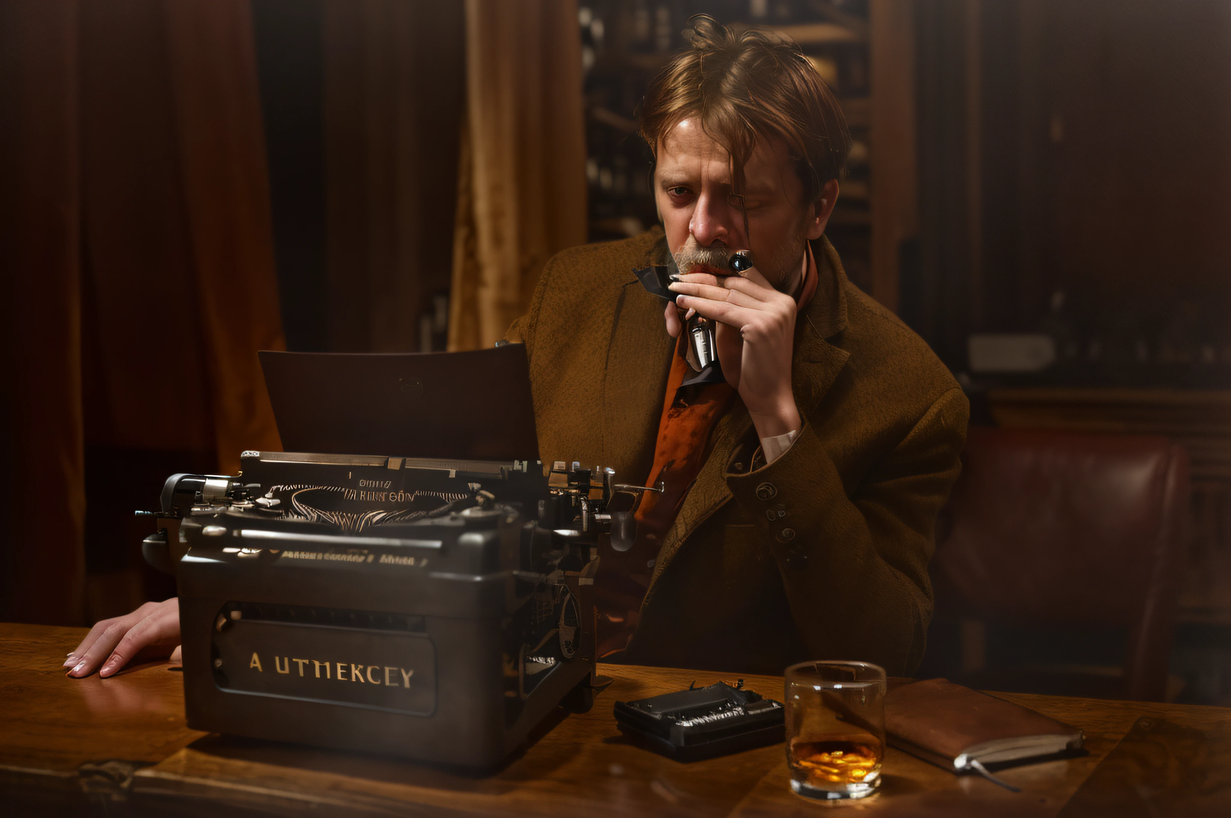 man sitting at a table with a typewriter and a glass of whiskey