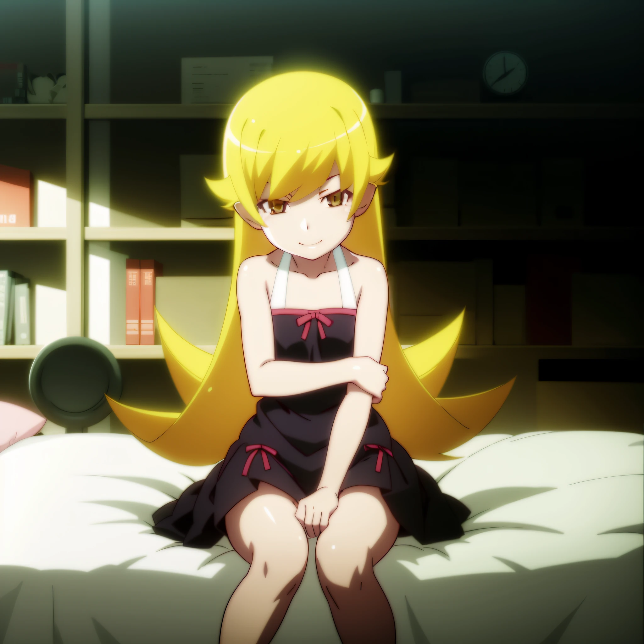 shinobu, highres, absurdres, looking at viewer, anime, anime screencap, long hair, black dress, smile, bedroom, bookshelf, lots of books, dark, potted plant, flat chest, blonde hair, sitting on bed, legs crossed, hand on own chin, upper body