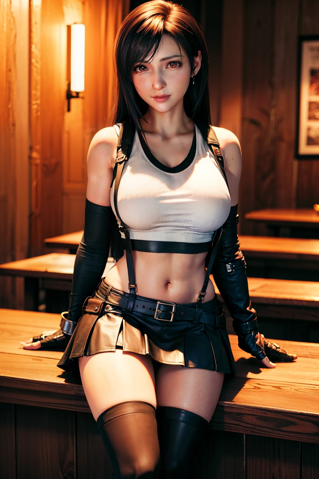 8k,masterpiece, bset quality,huge tit、(1girl in、tifa lockhart、red_eyes、black hair、long hair、Flapping hair, Adult beauty、shinny skin、Shiny big)、 ((top-quality))、 Crisp focus:1.2、Highly detailed facial and skin texture、A detailed eye、face perfect、perfect bodies、art by、CG、Blur the background、Big breasts with a strong presence、(20yo,Mature cool and beautiful face、elongated eyes)、wear ((Suspender Black Skirt)),(( Black Elbow Gloves,White taut shirt、Thigh、white tank tops、Ankle Boots、Red boots、a navel、red blush))、jukebox、Old bar、upper body、a smile,Professional-looking light source、Fluttering hair、Random angles、 Low waist,thick thight、face lights, Cinematographic lighting、Midgar、eating at the counter、looking at viewert