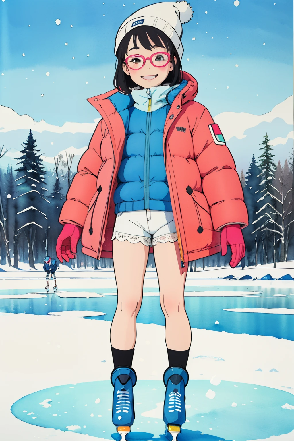 (superflat, flat shading, flat colors),  1girl, 10yo, loli, child, thick, curvy, down jacket, (white lace modesty shorts), blue shirt, no skirt, glasses, winter hat, (ice skates), smile, awkward, blush, winter, snow, bright, vibrant colors, watercolor, ghibli style