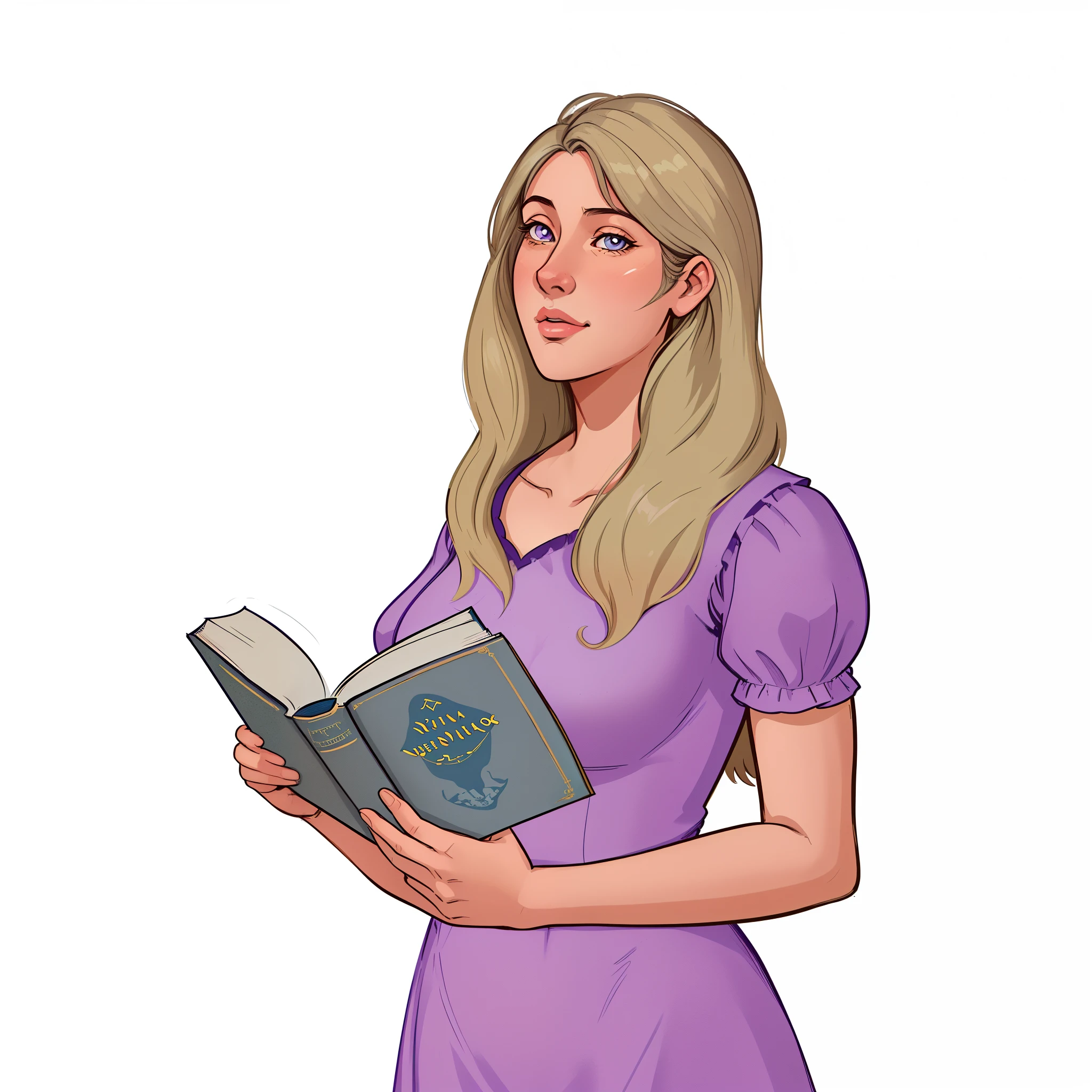 desenho de uma mulher lendo um livro enquanto usava um vestido roxo, retrato do livro, retrato do livro do RPG, professional illustration, Segurando um livro, No estilo de arte de Bowater, wikihow illustration, Ler um livro, illustration for book, Lendo novo livro, story book illustration, storybook illustration, a storybook illustration, textbook illustration in clolour, storybook illustation
