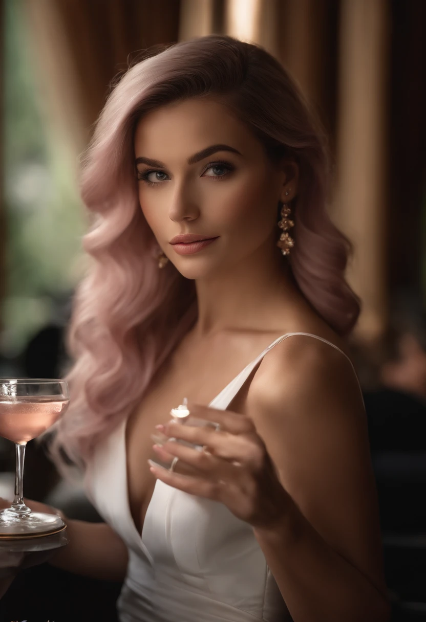 professional full body photo, (4k photo:1.1) by (Jeremy Lipking:0.3), (Dittmann Anna:0.3), (Arian Mark:0.3), (Sharp focus:1.3), high detail, elegant business woman, revealing black dress, restaurant, light pink hair, instagram model pose, confident, fit girl, lean girl, small breasts:1.2, perfect anatomy, perfect symmetry:1.2, realistic, realistic face:1.2, perfect face, happy, confident, highly detailed, and dramatic, cinematic lighting, bright scene, soft lights, holding a drink and a phone in her hand