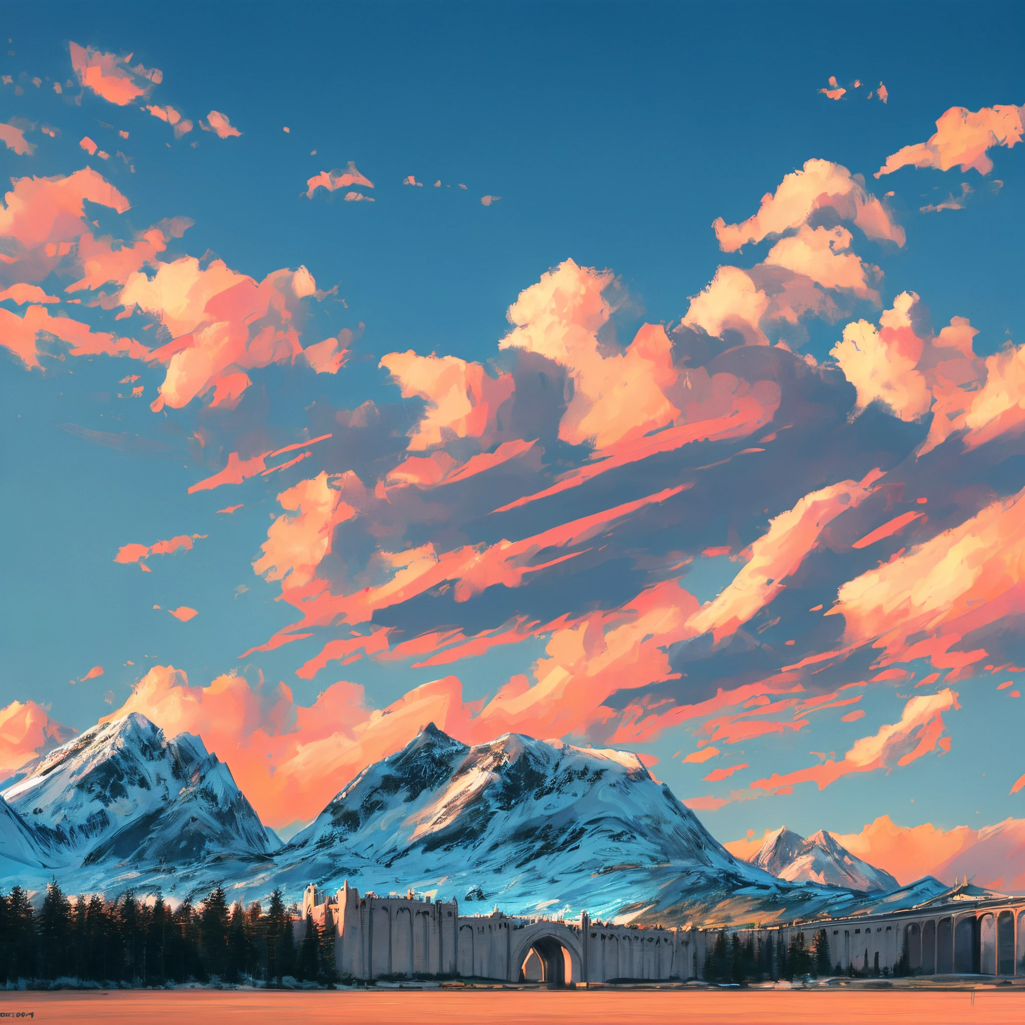 empty sky, (clear sky), cloudless, big landscape, empty foreground, massive landscape, gigantic fantasy landscape, kingdom, medieval city, castles, towers, archery range, bridge, mountains, (forest), highly detailed, details, ocean, photorealistic, 8k, masterpiece,