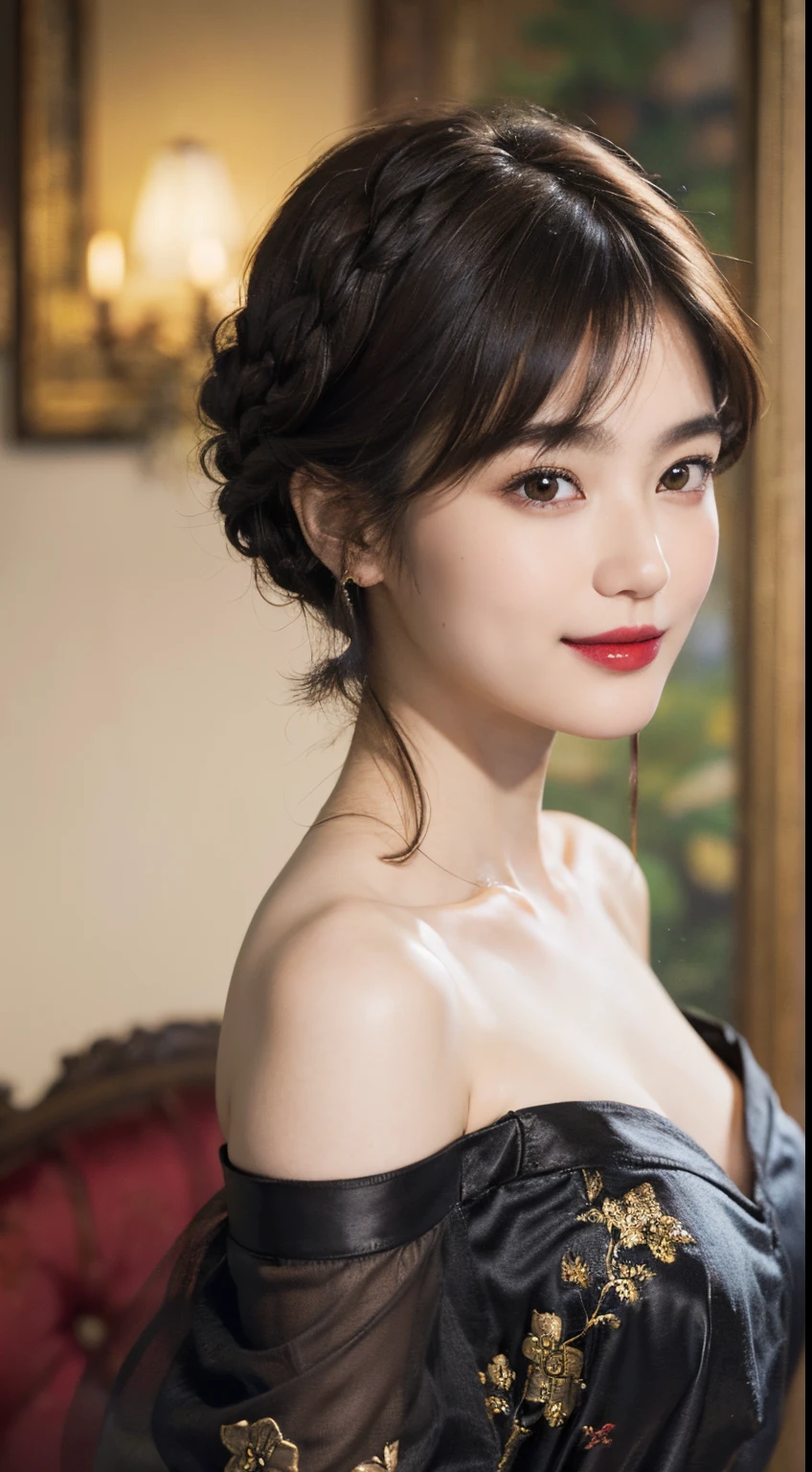 117
(a 20 yo woman,is standing), (A hyper-realistic), (high-level image quality), ((beautiful hairstyle 46)), ((short-hair)), (Gentle smile), (breasted:1.1), (lipsticks), (florals), (Light and Darkness), (rembrandt painting), (Luxurious room)